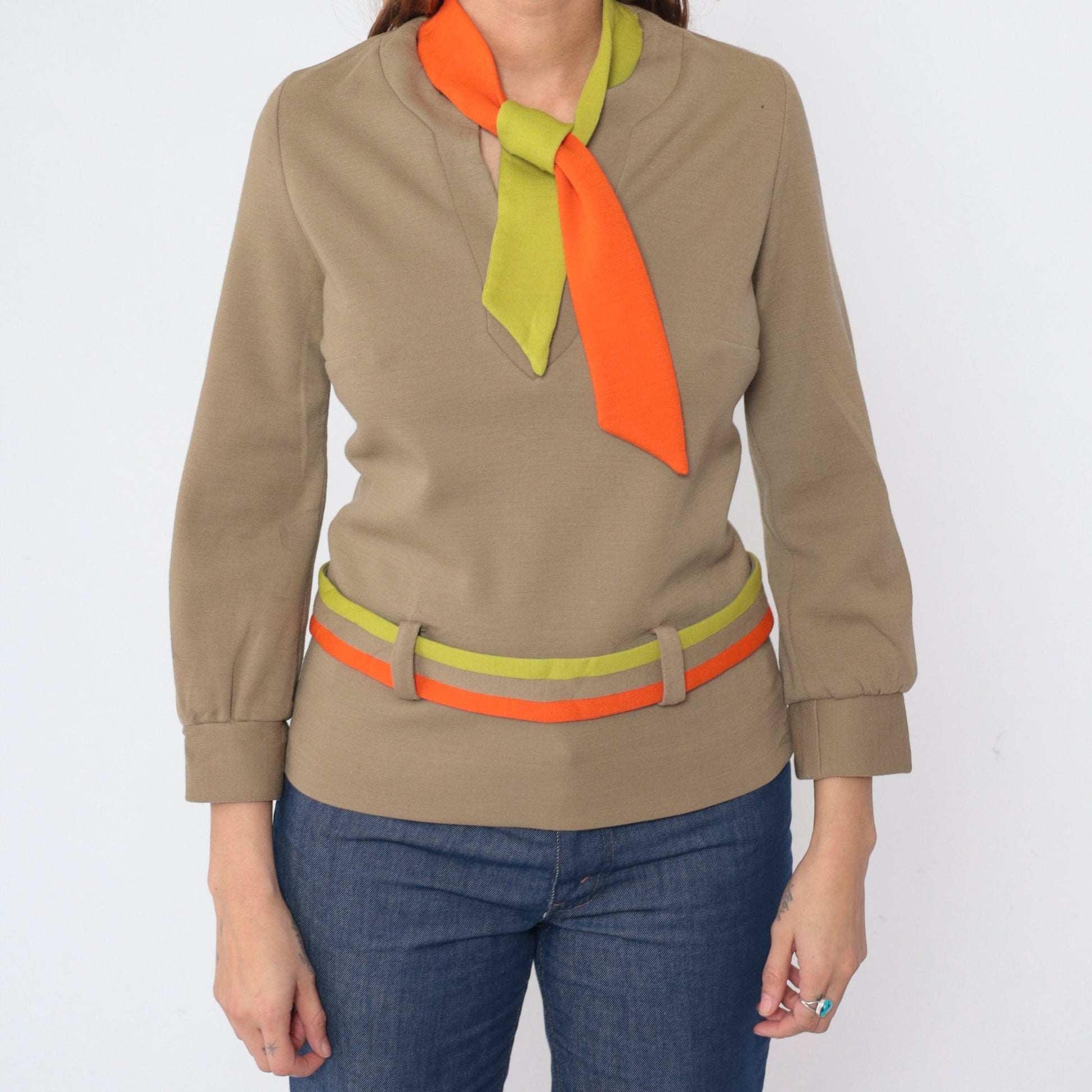 60s Nardis Wool Blouse Taupe V-Neck Necktie Belted Long Sleeve Small