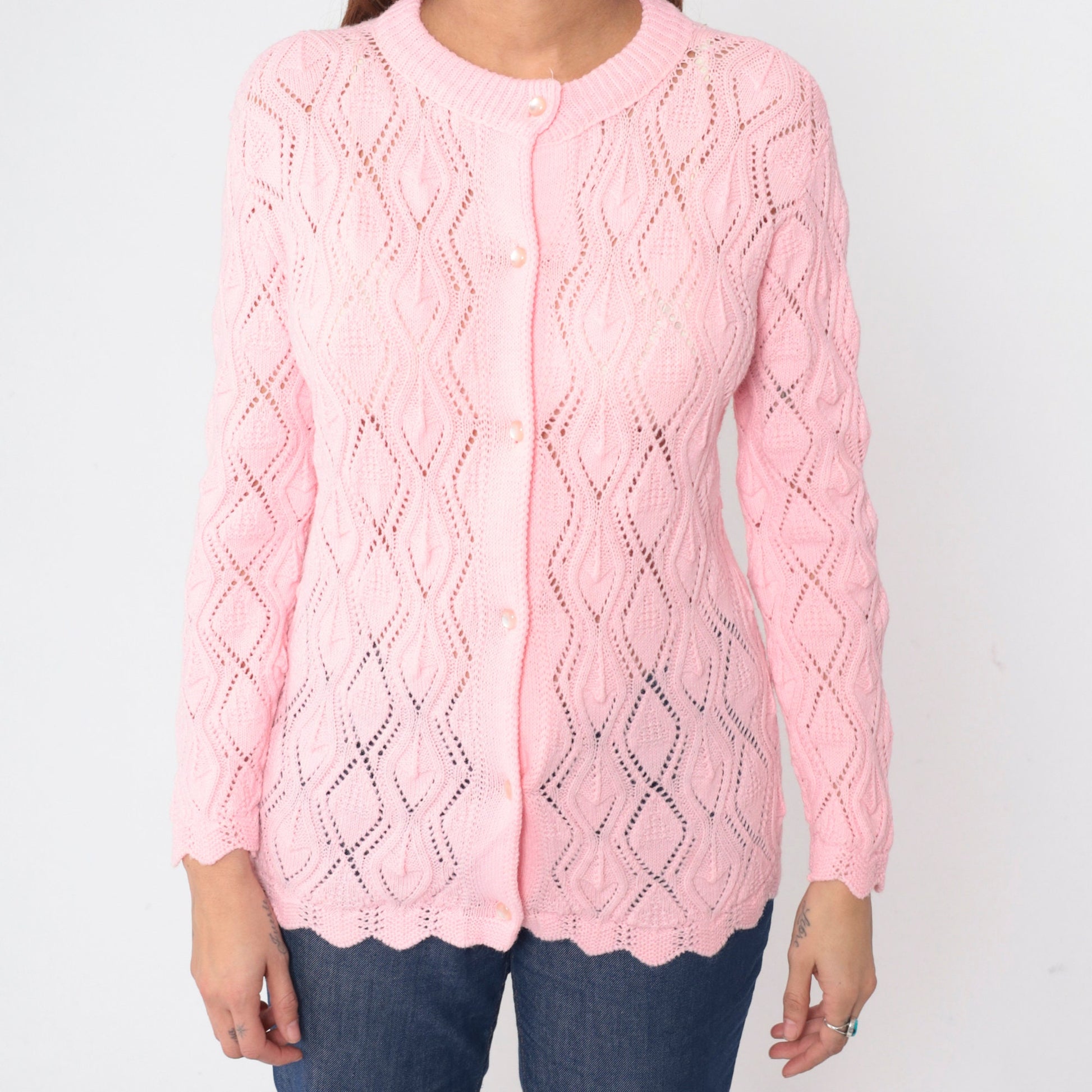80s Baby Pink Pointelle Cardigan Button-Up Knit Sweater Scalloped Hem Medium M