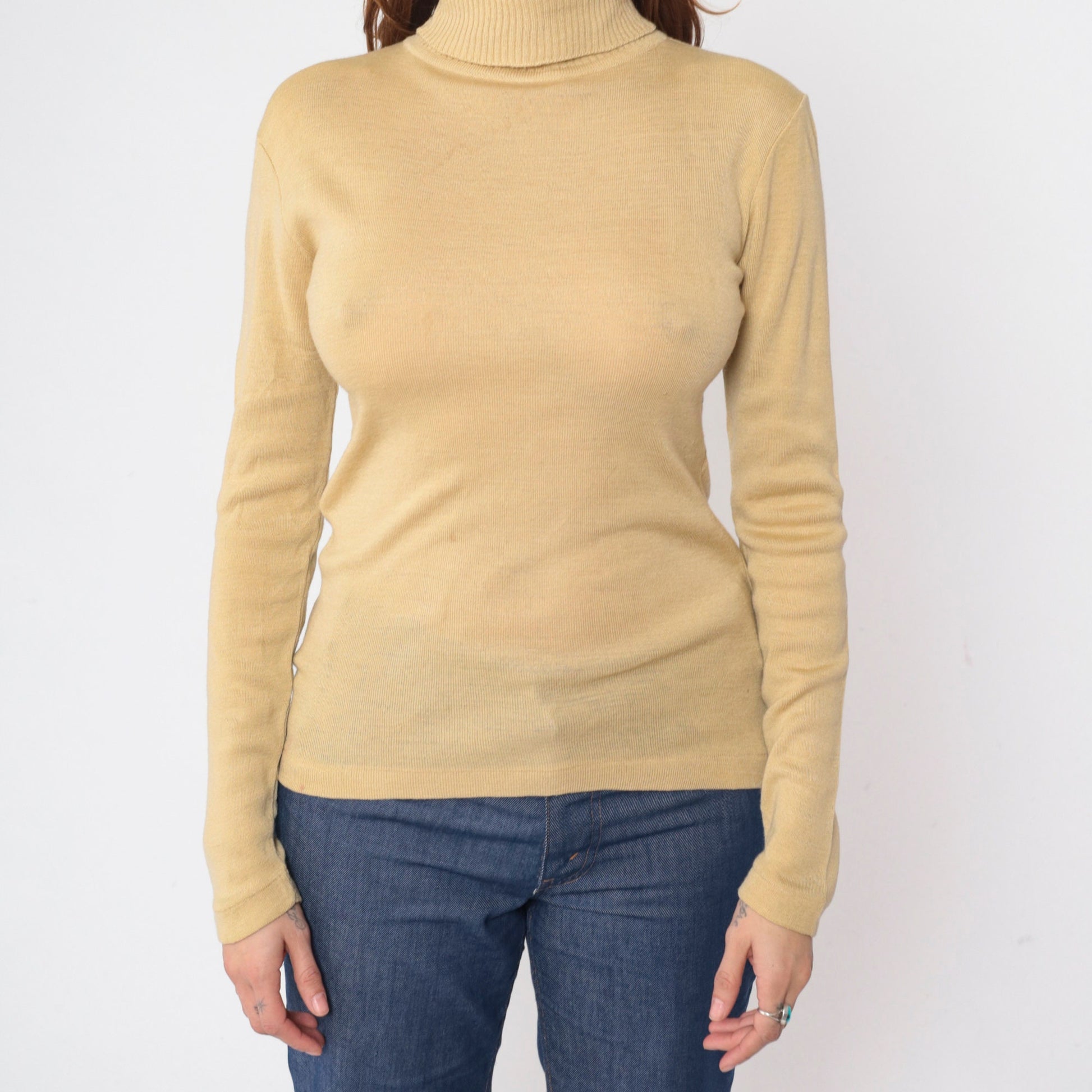 70s Jantzen Wool Blend Turtleneck Sweater Beige Long Sleeve Medium