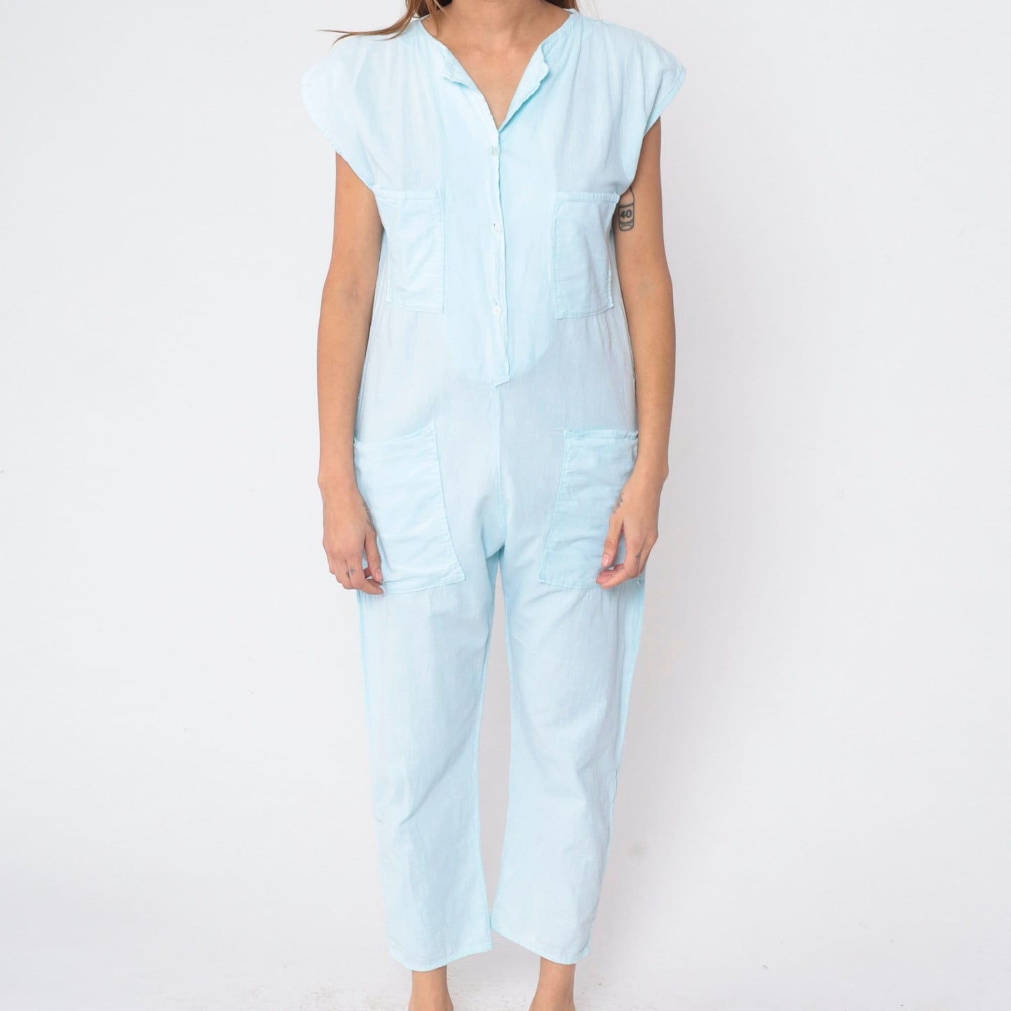 80s Baby Blue Cotton Jumpsuit Cap Sleeve Button Front Ankle Medium