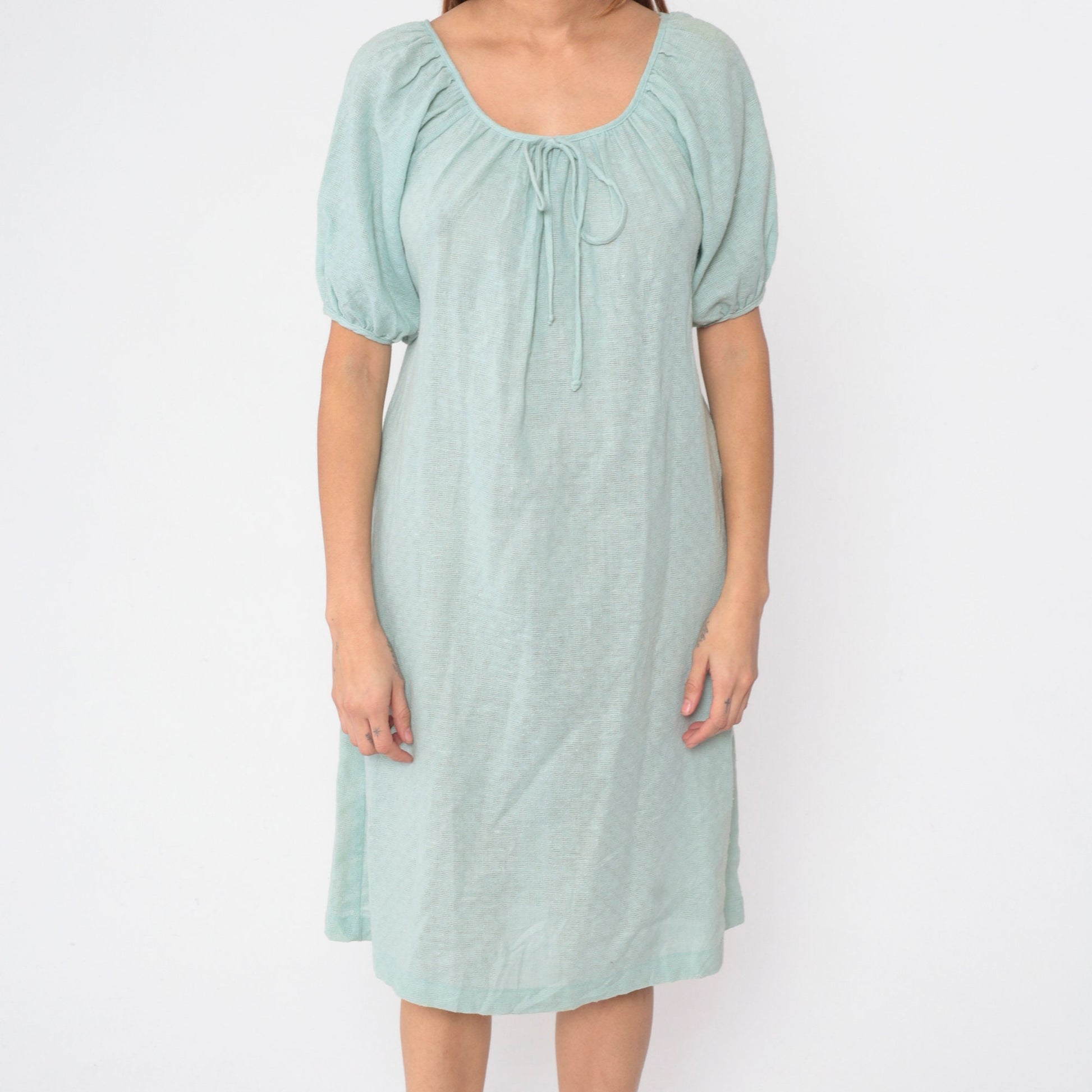70s JC Penney Seafoam Shift Dress Bow Neck Midi Cotton Small