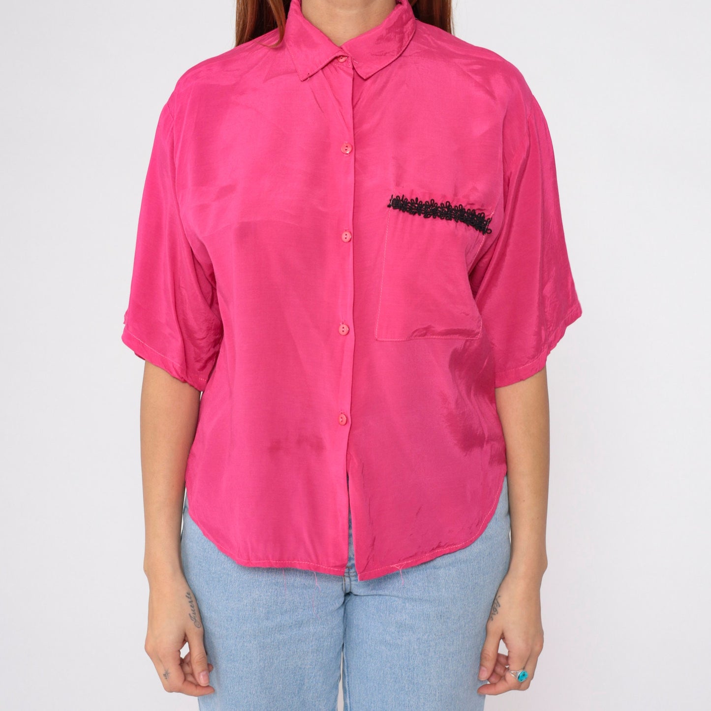 90s Hot Pink Button-Up Blouse Black Soutache Trim Short Sleeve Medium M