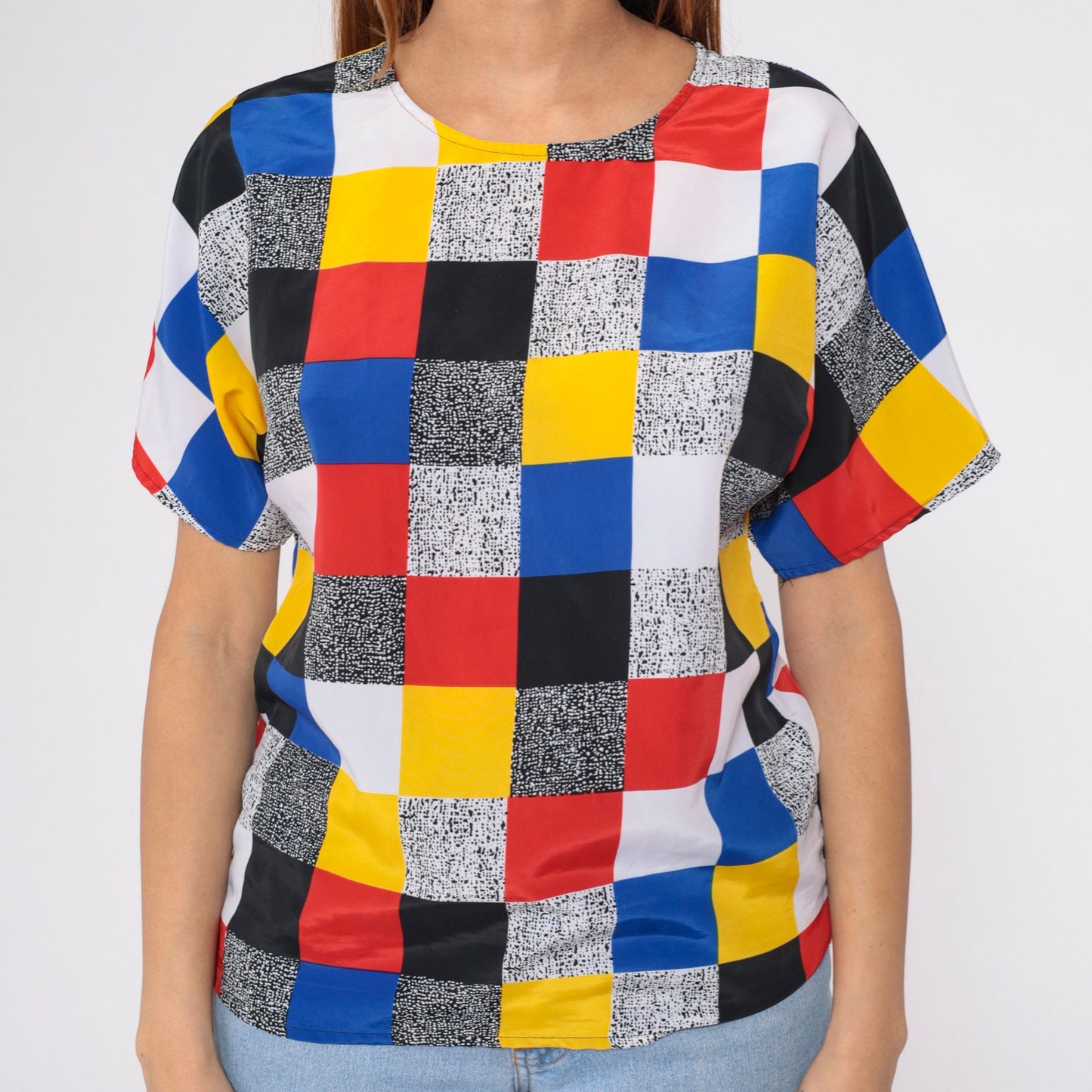 90s Color Block Blouse Primary Colours Black White Flecked Print Short Sleeve Small S