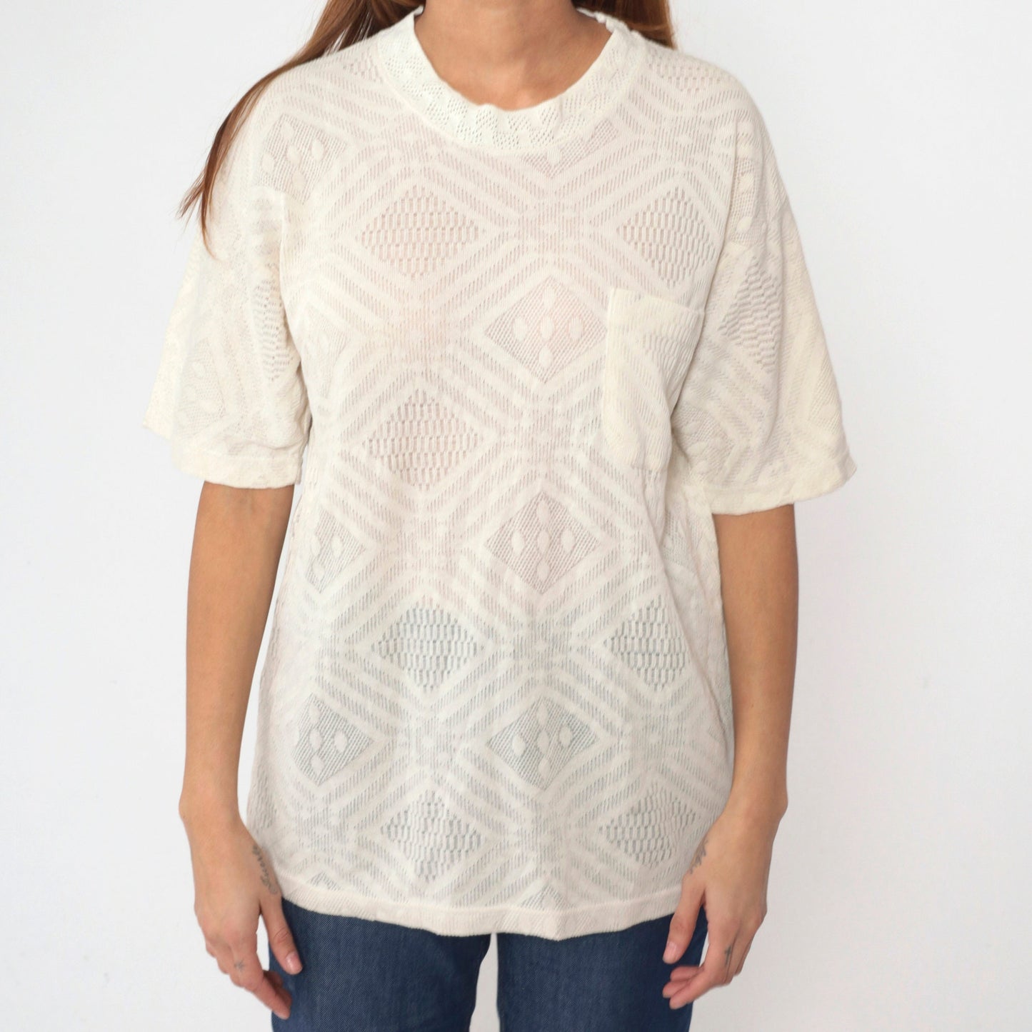 90s Black Hand Club Geometric Knit T-Shirt Off-White Chest Pocket Medium