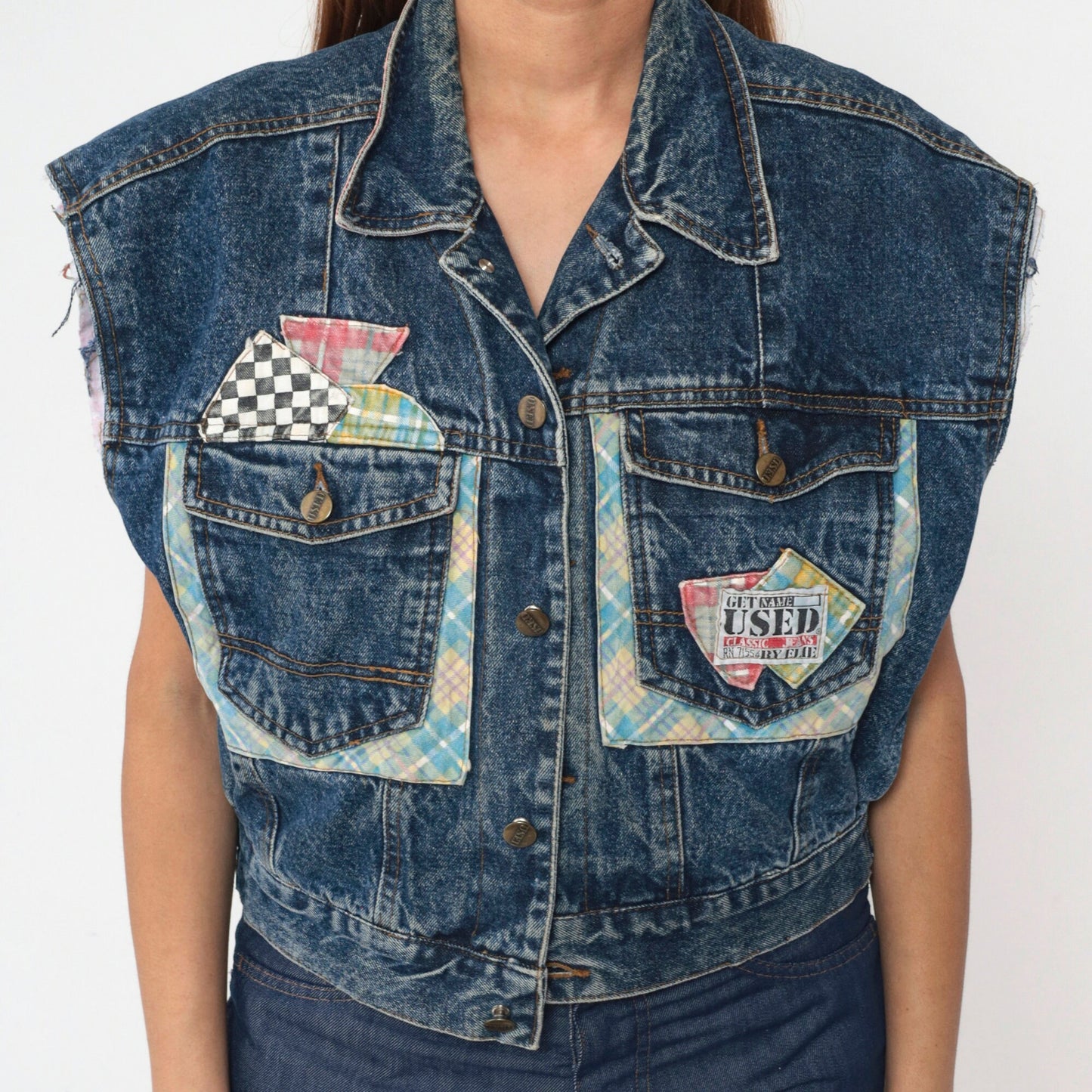90s Denim Vest Plaid Patchwork Cutoff Blue Jean Sleeveless Medium