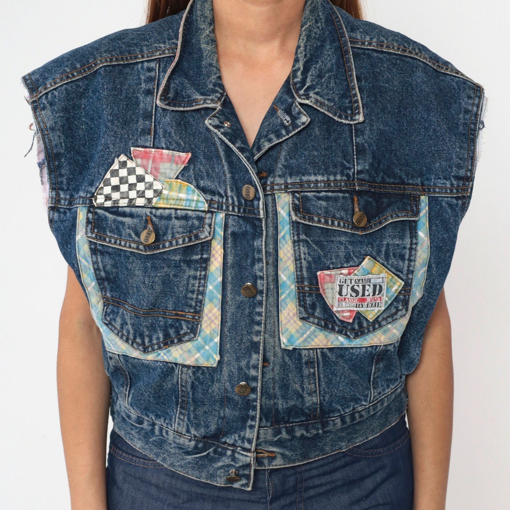 90s Denim Vest Plaid Patchwork Cutoff Blue Jean Sleeveless Medium