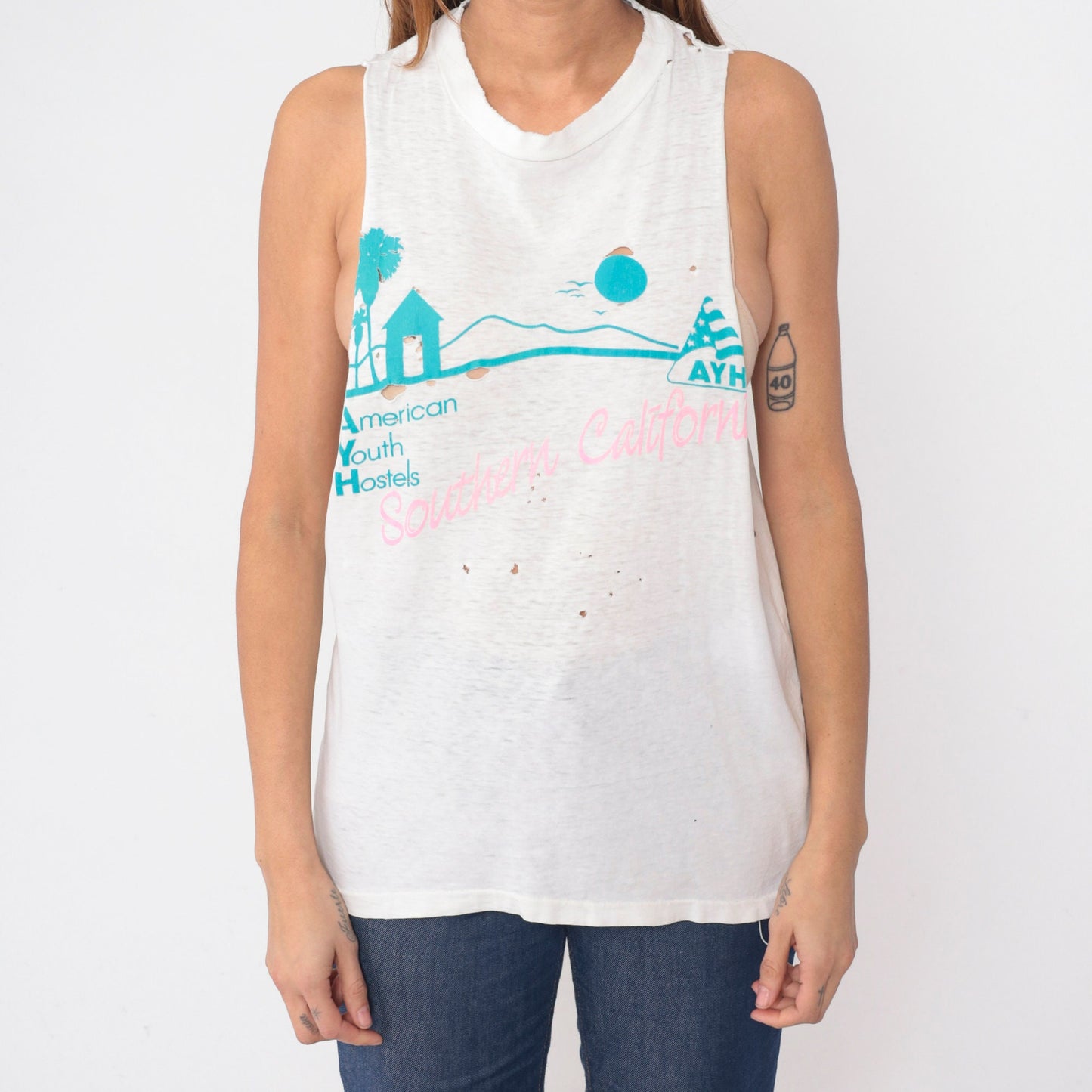 90s American Youth Hostels Tank Top California Palm Tree Graphic Distressed Medium