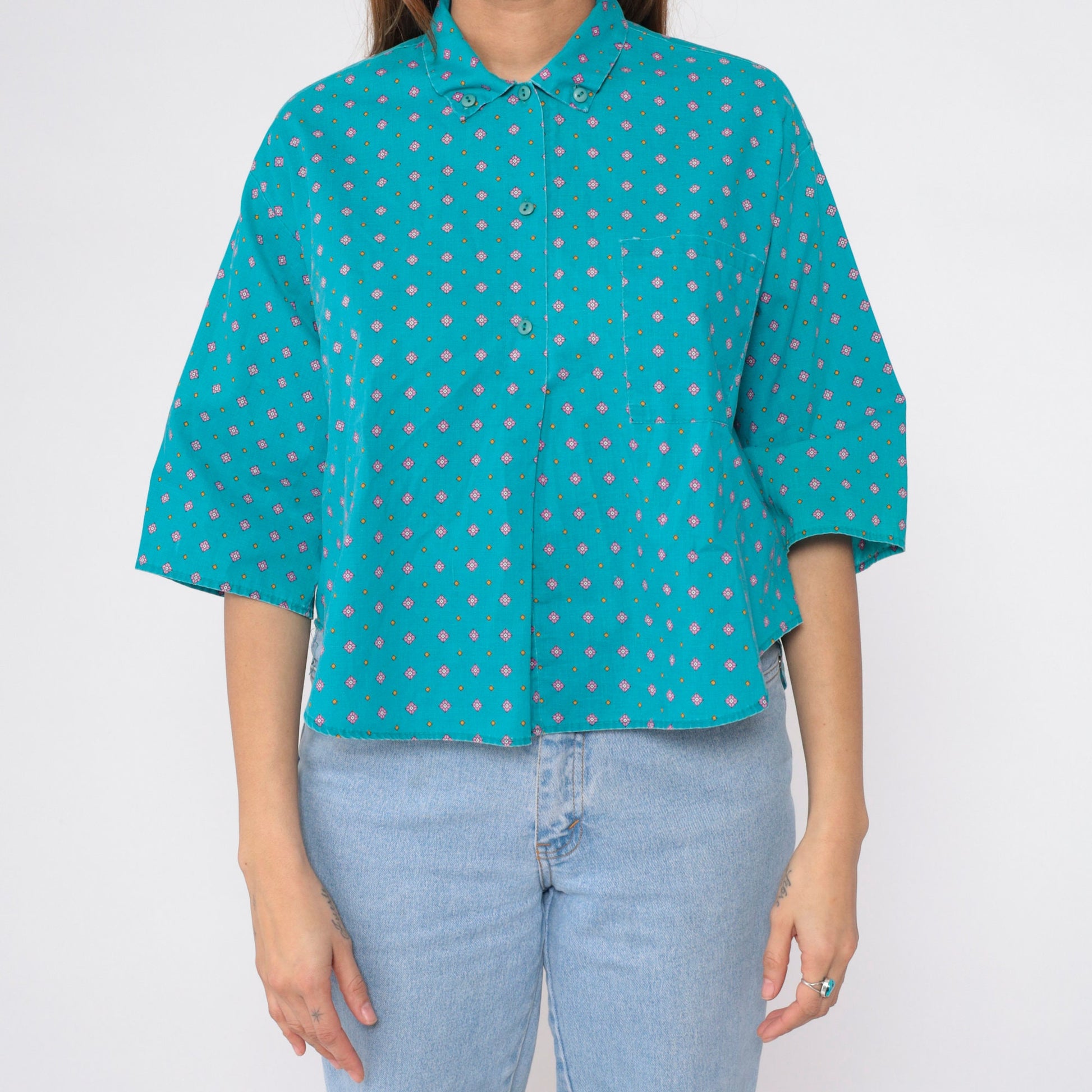 90s Geometric Floral Button-Up Blouse Turquoise Diamond Print Half Sleeve Large L