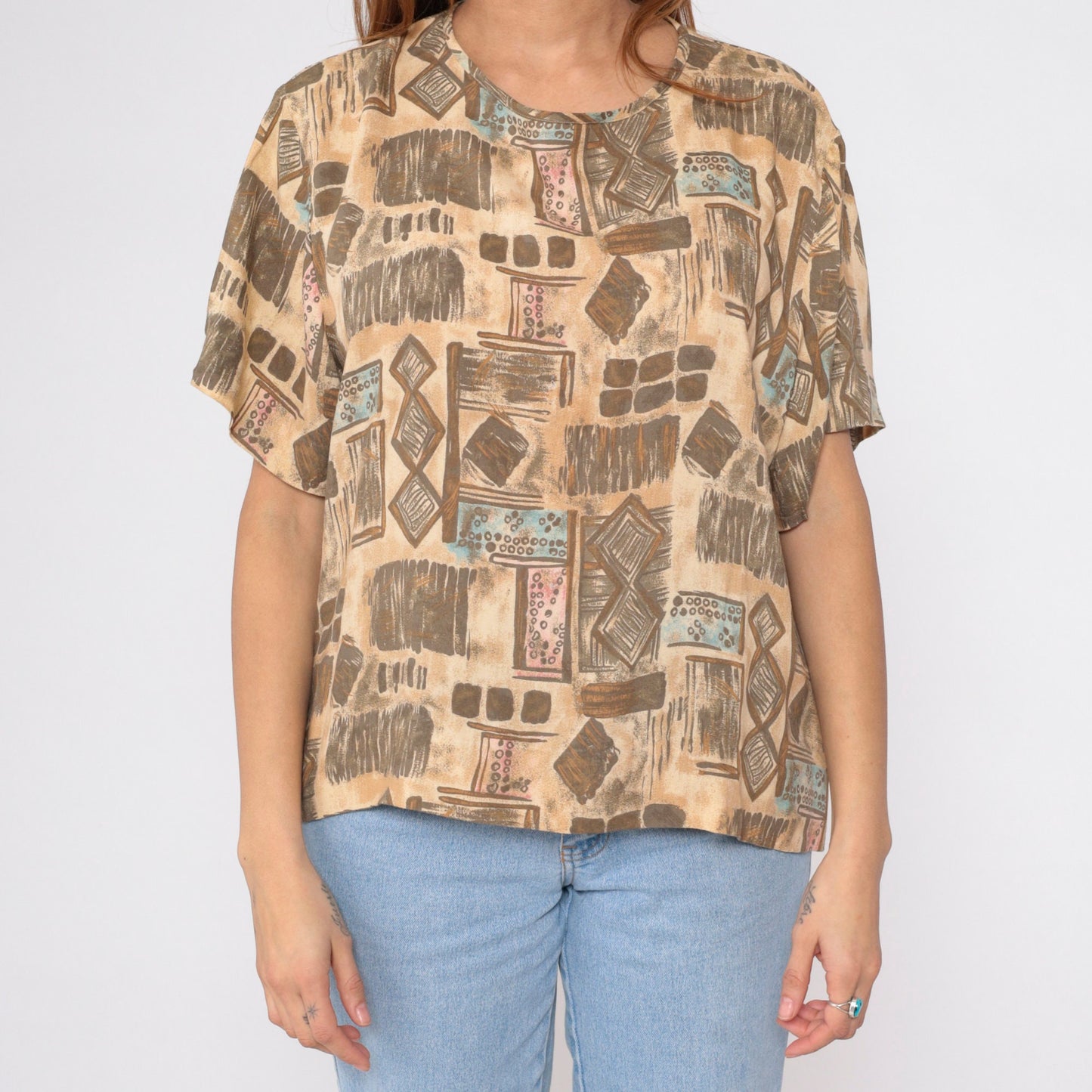 90s Sag Harbor Geometric Abstract Blouse Tan Short Sleeve Extra Large XXL