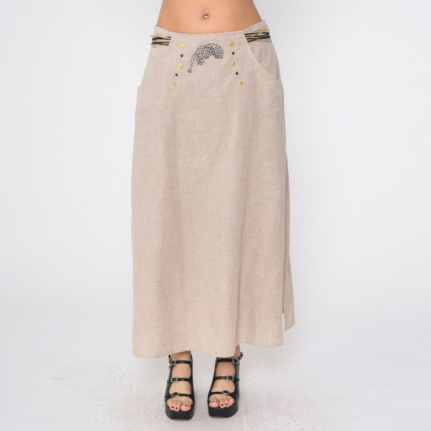90s Joseph Ribkoff Leopard Print Maxi Skirt Tan Gold Studs Large L