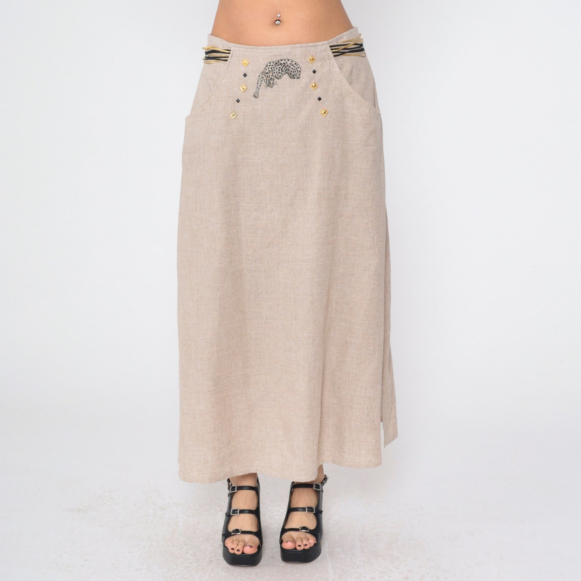 90s Joseph Ribkoff Leopard Print Maxi Skirt Tan Gold Studs Large L