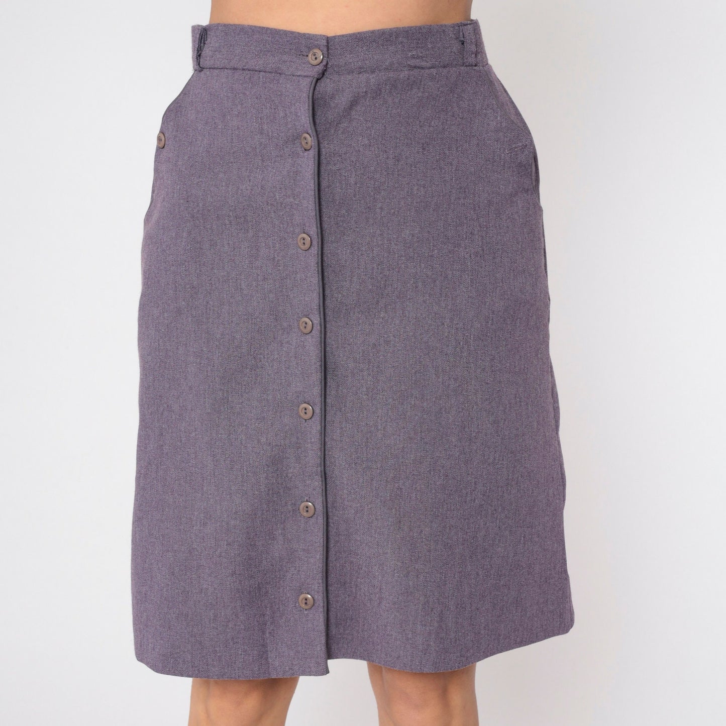 80s Purple Button-Front Pencil Skirt High Waist Knee Length Medium