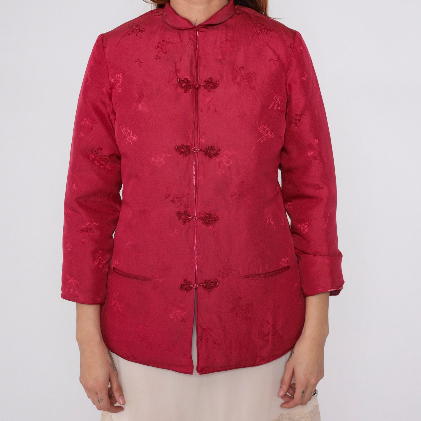 80s Red Floral Asian-Inspired Jacket Quilted Down-Fill Knot Buttons Small