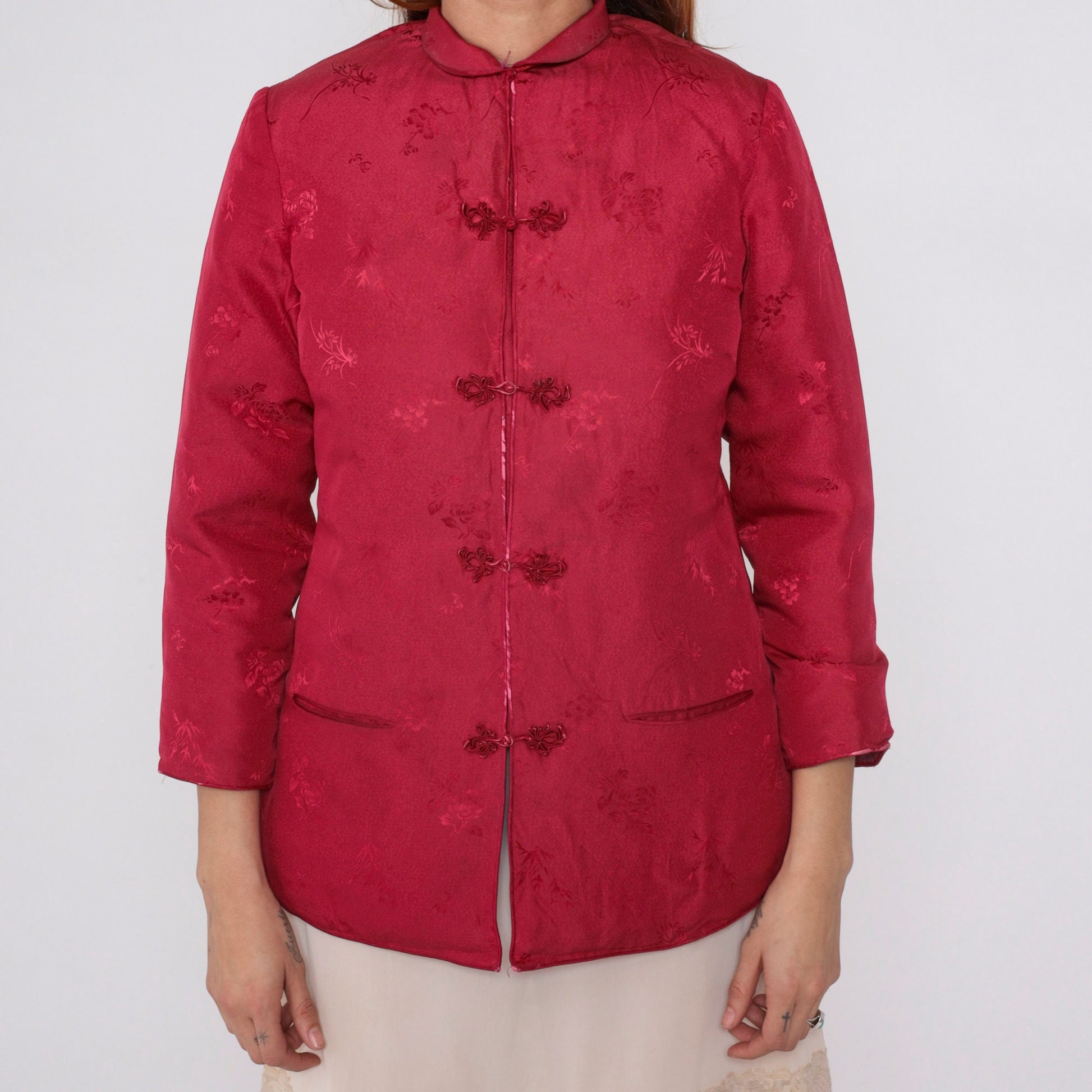 80s Red Floral Asian-Inspired Jacket Quilted Down-Fill Knot Buttons Small