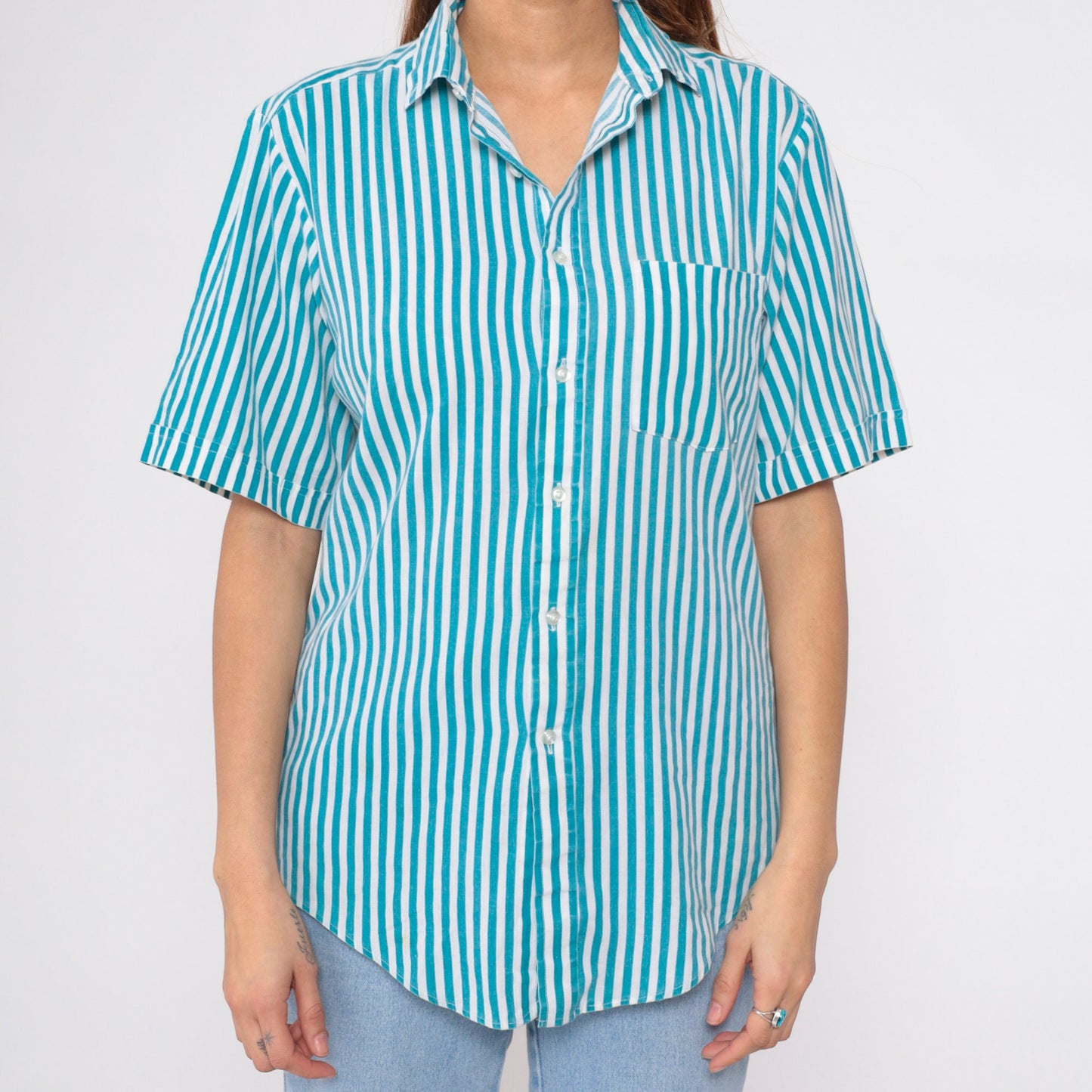 90s Blue White Striped Oxford Button-Up Shirt Short Sleeve Men's Medium