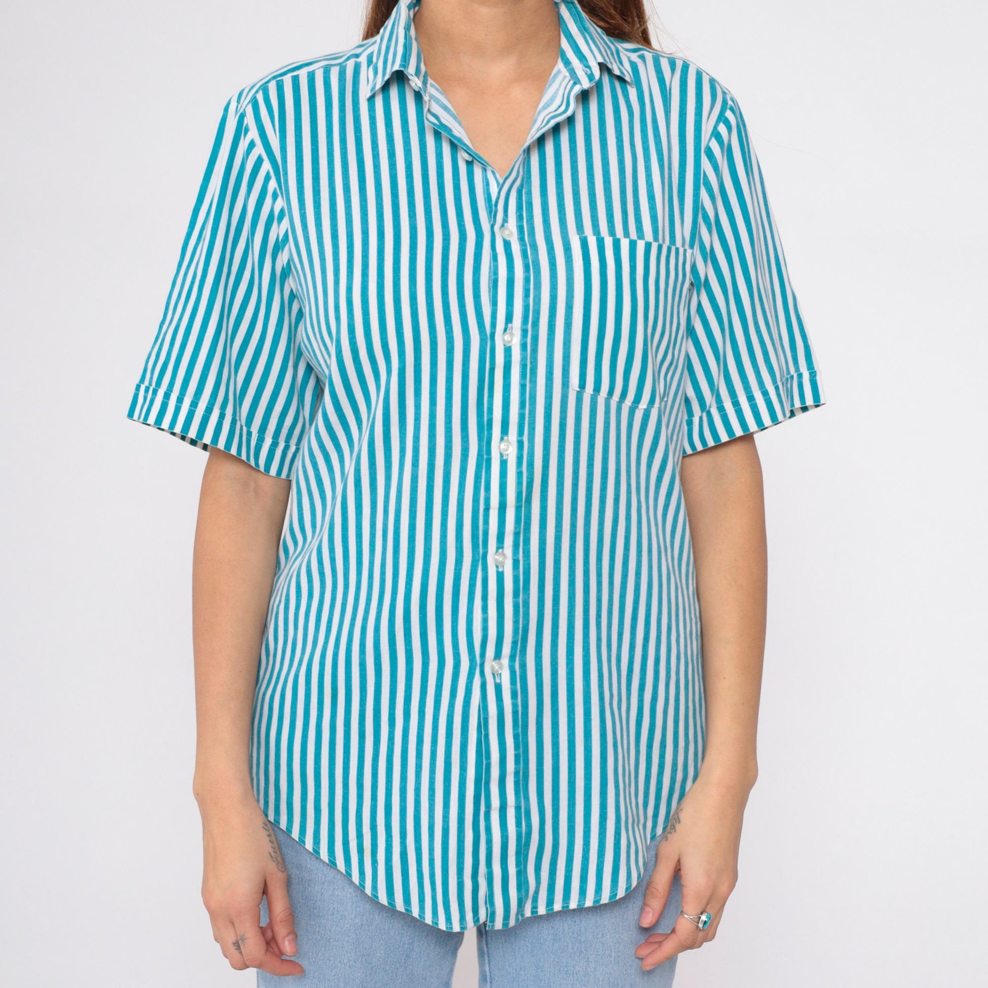 90s Blue White Striped Oxford Button-Up Shirt Short Sleeve Men's Medium