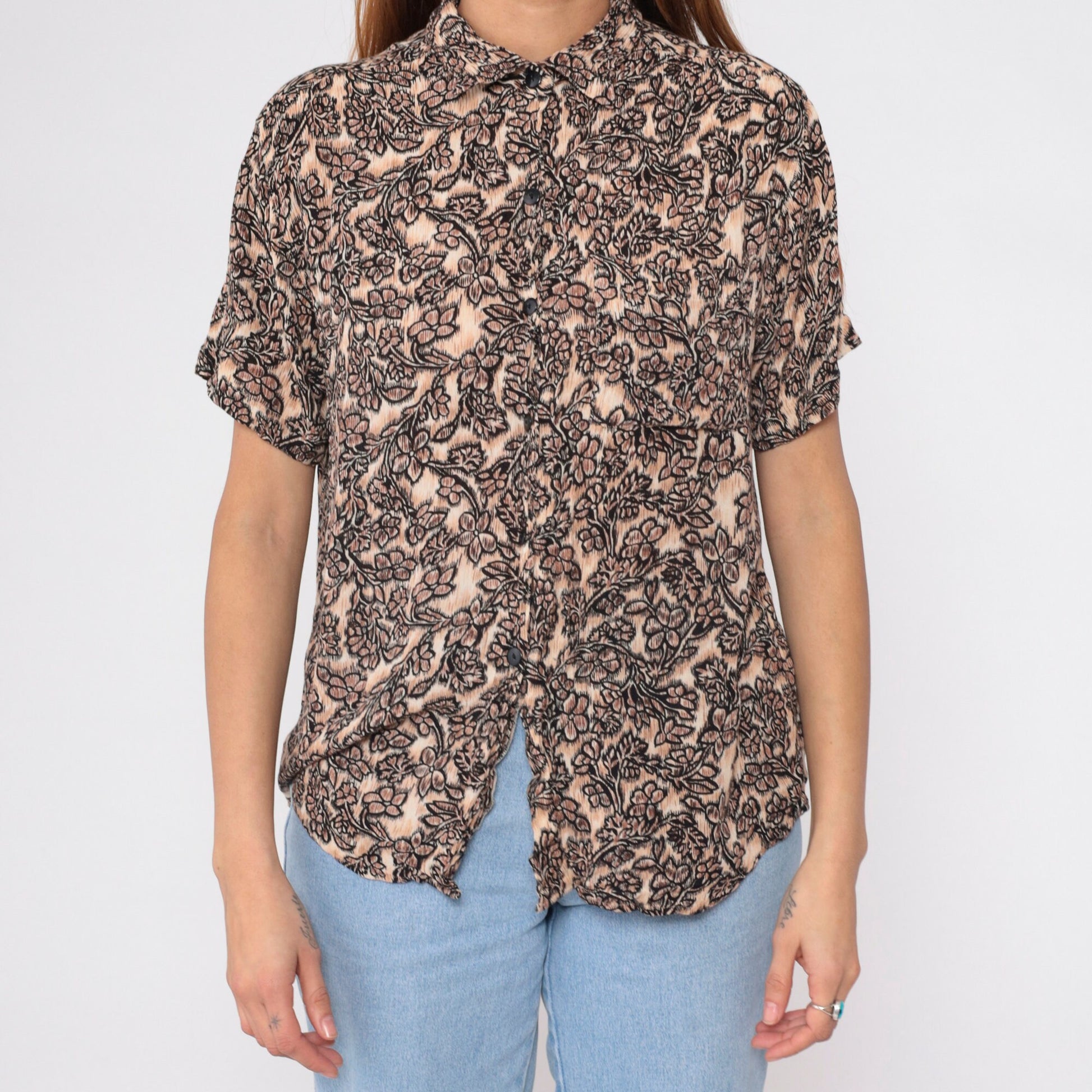 90s Floral Blouse Brown Tan Flower Print Rayon Button Up Short Sleeve Medium