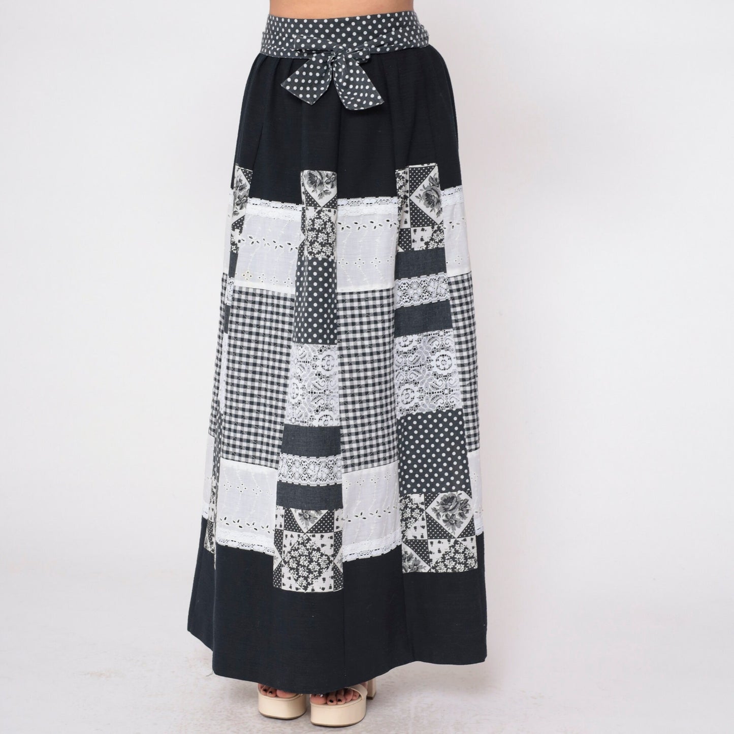 70s Patchwork Wrap Skirt Black White Maxi Eyelet Lace Gingham Polka Dot Medium Large