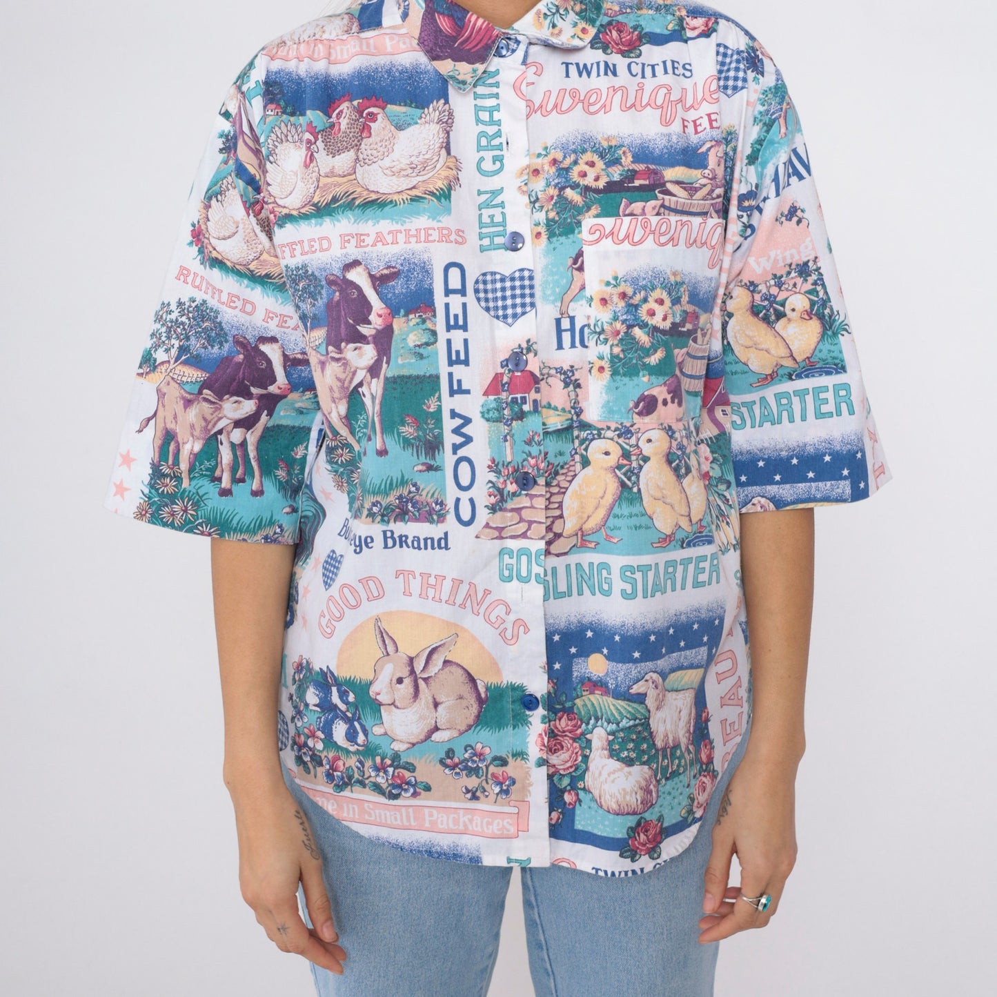 90s Farm Animal Print Button Up Blouse Cow Duck Bunny Chicken Sheep Medium