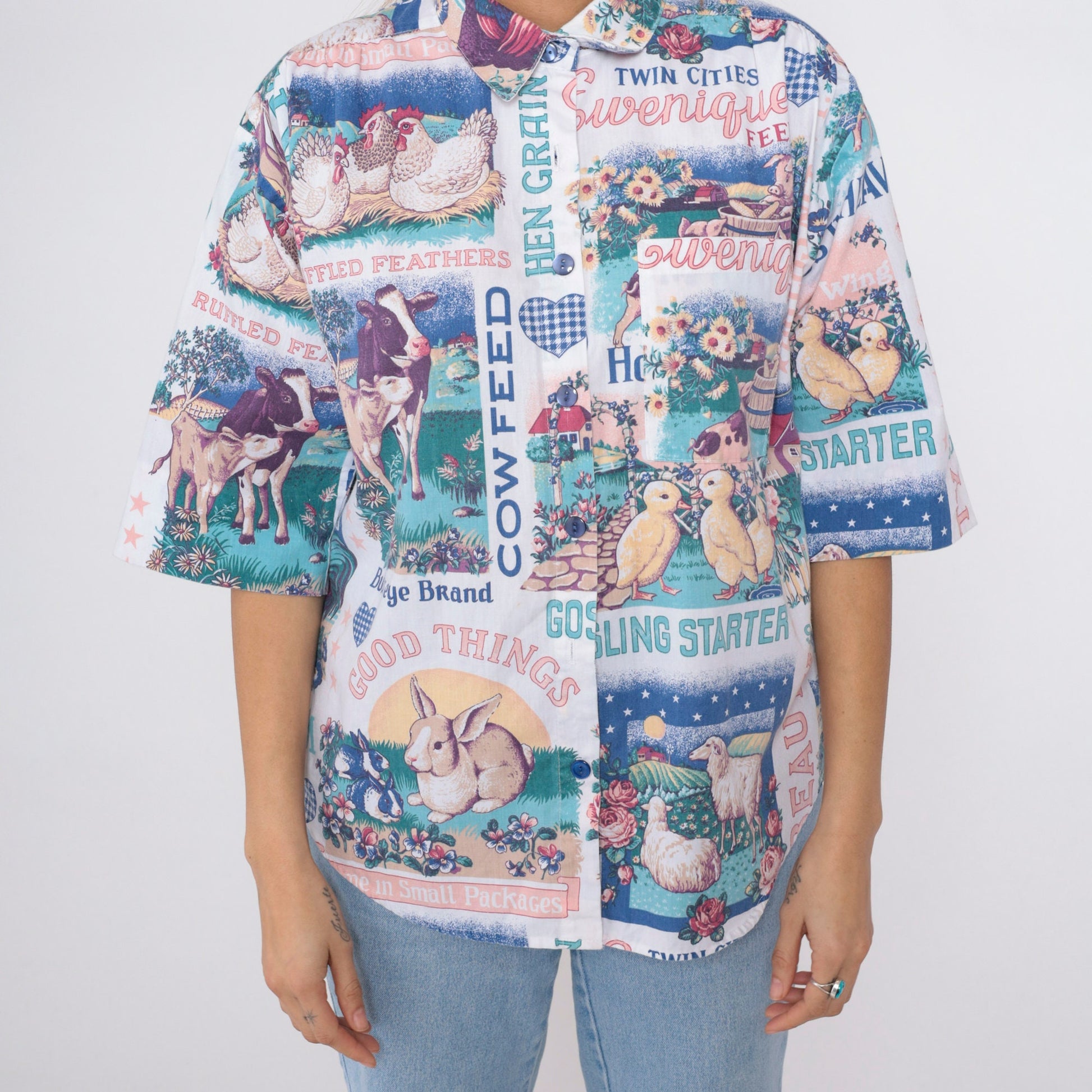 90s Farm Animal Print Button Up Blouse Cow Duck Bunny Chicken Sheep Medium