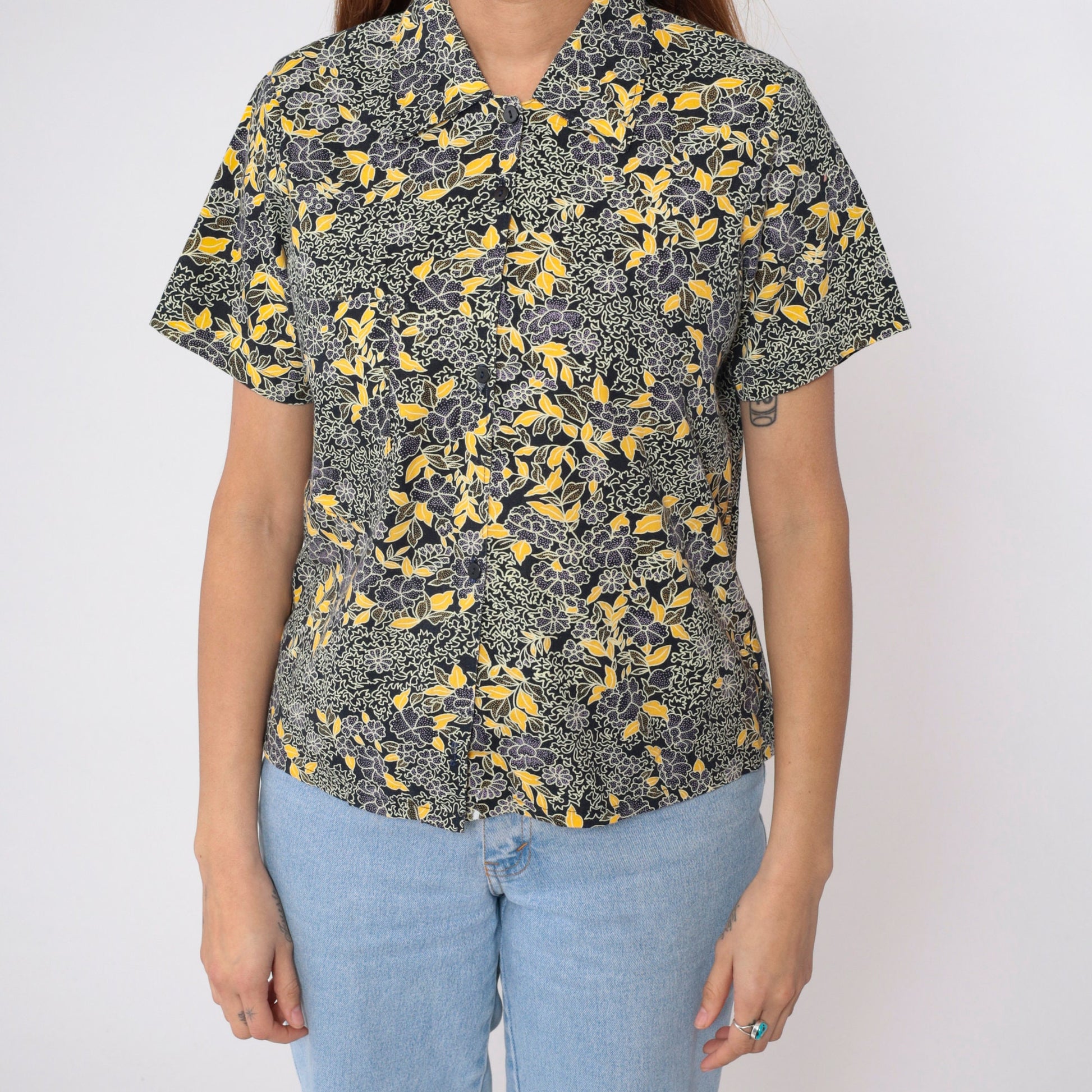 90s Black Floral Button-Up Blouse Yellow Purple Print Short Sleeve Small