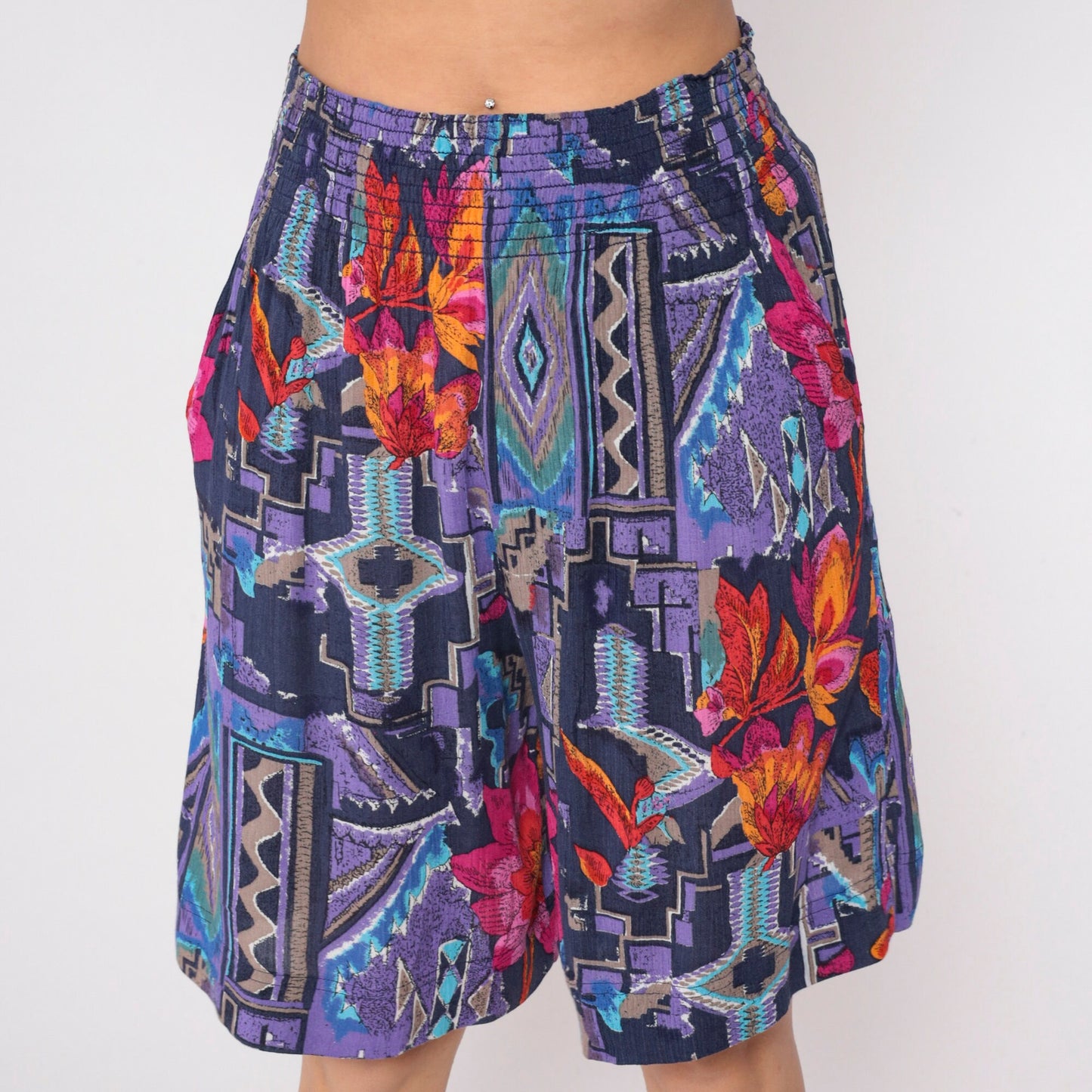 90s Carole Little Abstract Floral Wide Leg Shorts Purple Geometric Print Small