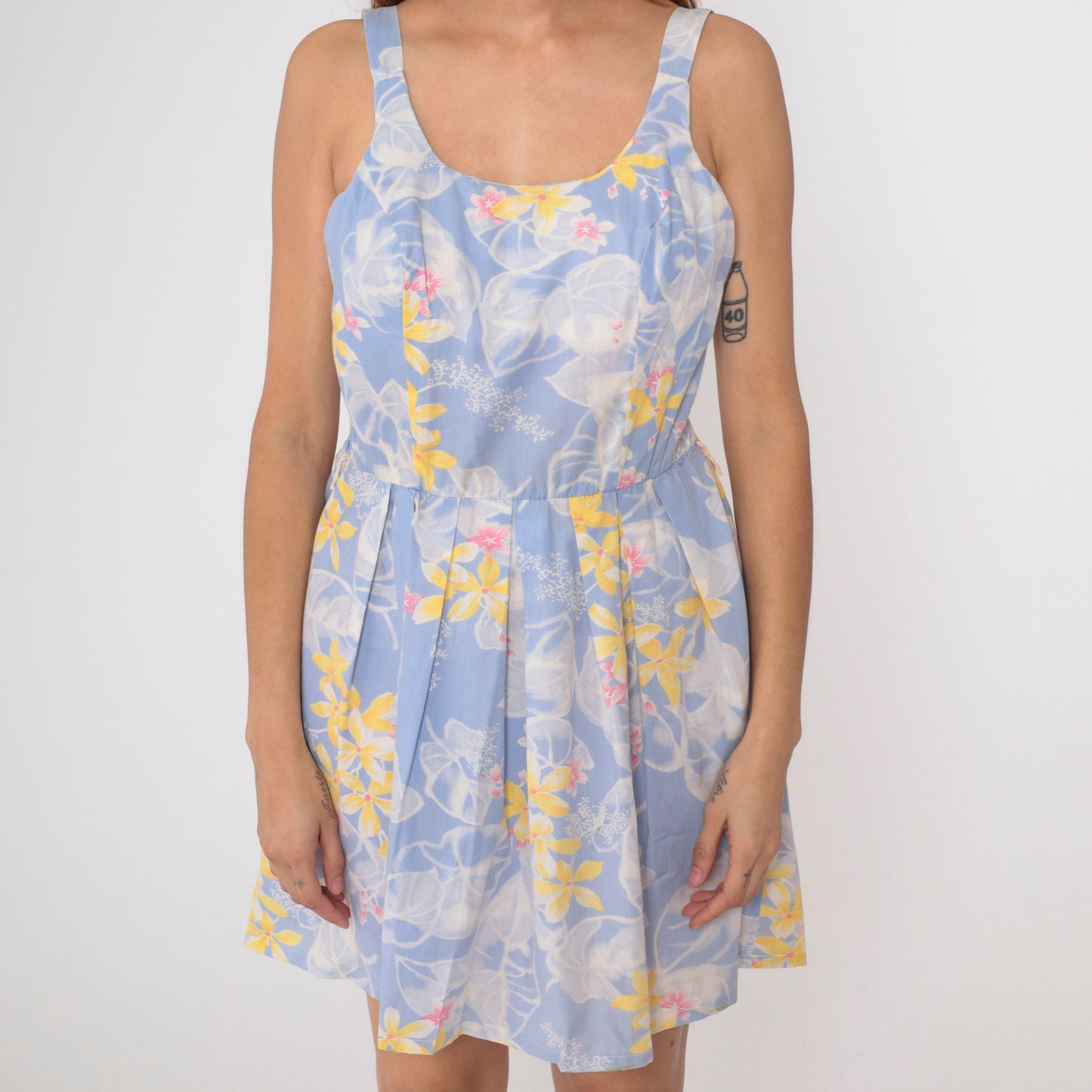70s Periwinkle Floral Mini Sundress Smocked Tank High Waist Pleated Medium Large
