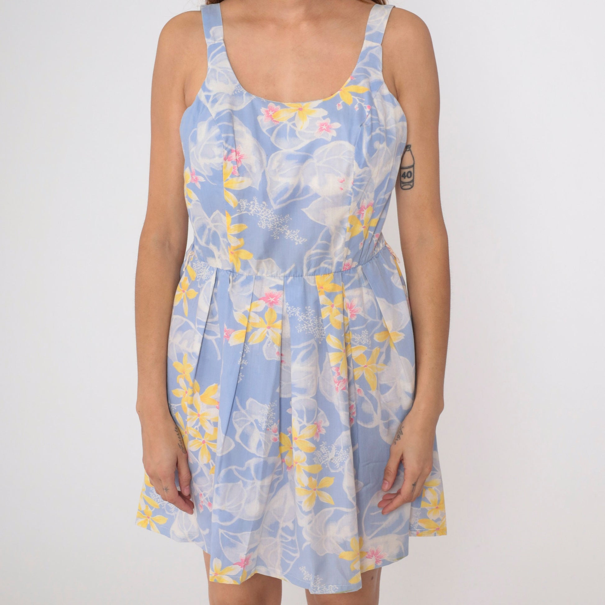 70s Periwinkle Floral Mini Sundress Smocked Tank High Waist Pleated Medium Large