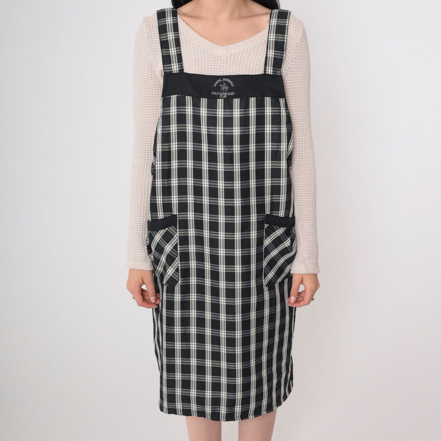 Y2K Santa Barbara Polo Plaid Apron Dress Black White Checkered Mini Open Back Small
