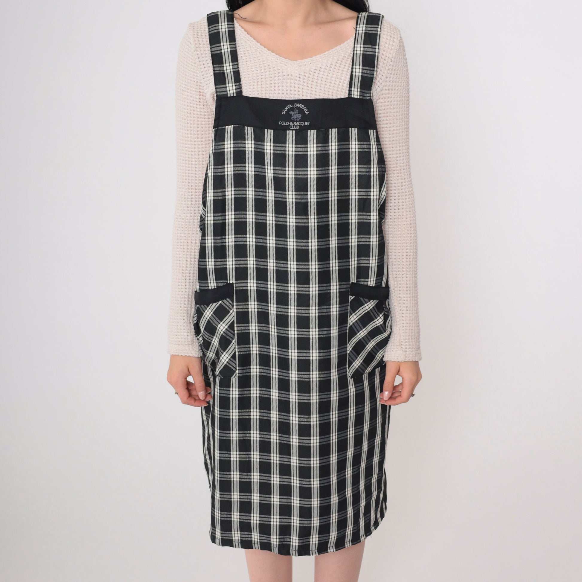 Y2K Santa Barbara Polo Plaid Apron Dress Black White Checkered Mini Open Back Small
