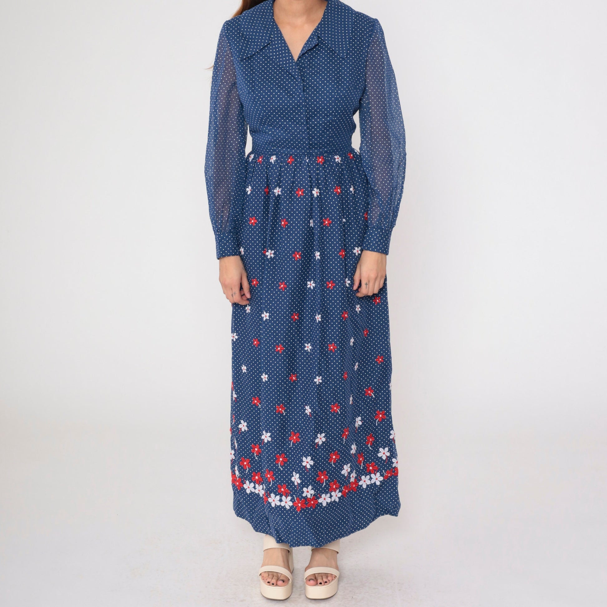70s Blue Polka Dot Maxi Dress Floral Embroidered High Waist Sheer Sleeve Small