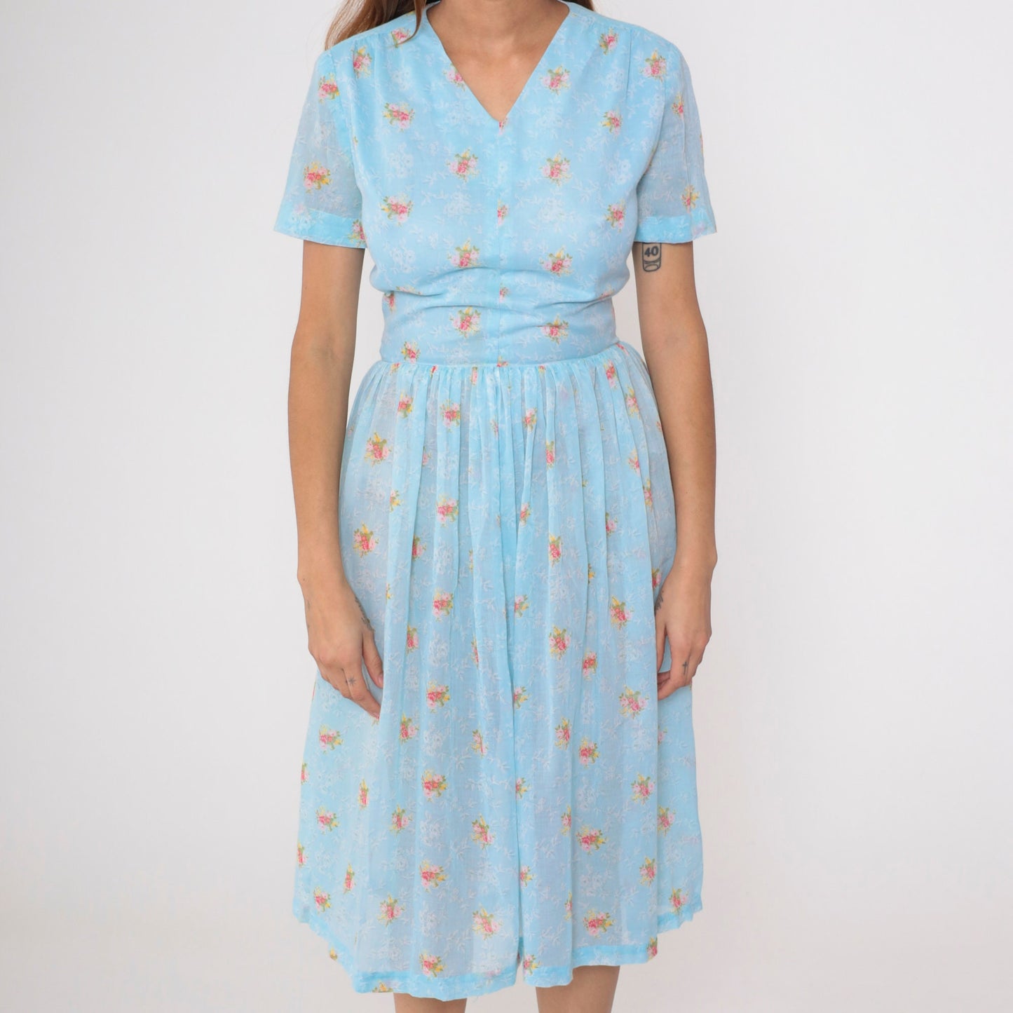 60s Blue Floral Midi Dress High Waisted V Neck Fit and Flare Small