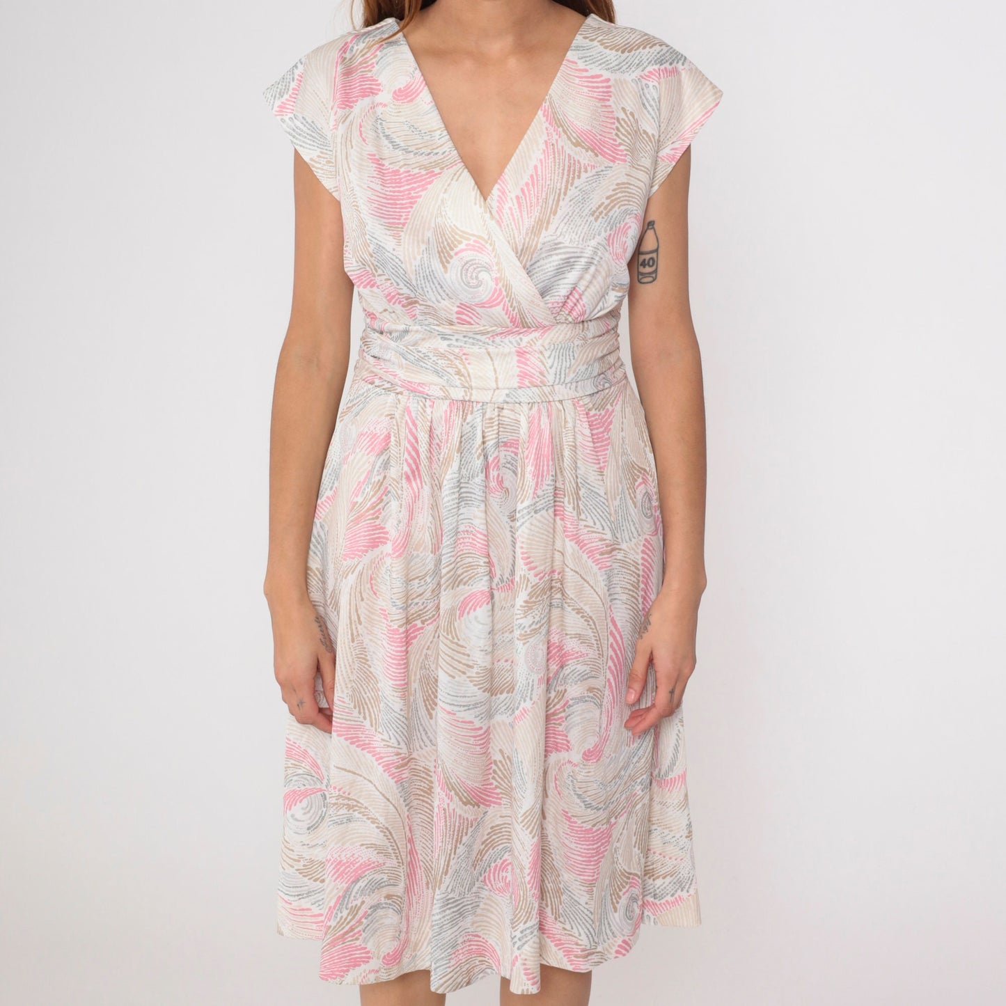 70s Wrap Dress Swirl Print Midi V-Neck High Waist Cap Sleeve White Pink Tan Medium
