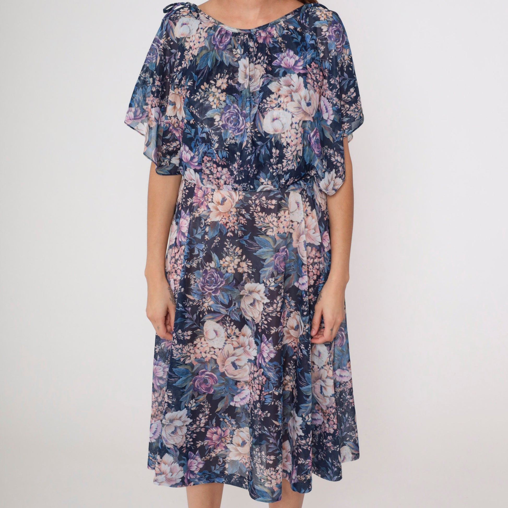 70s Navy Floral Midi Dress Split Flutter Sleeve High Waist Small Medium