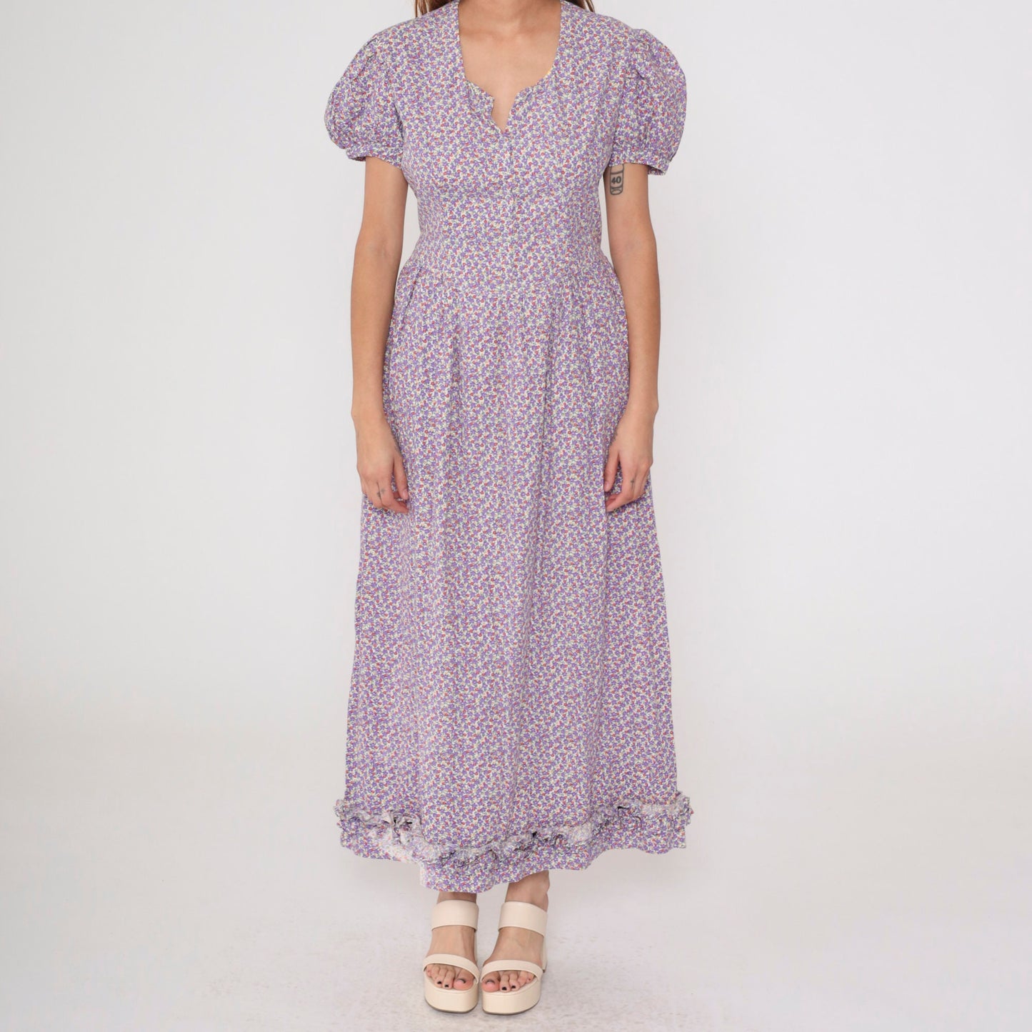 70s Purple Calico Floral Maxi Dress Puff Sleeve Low Waist Medium