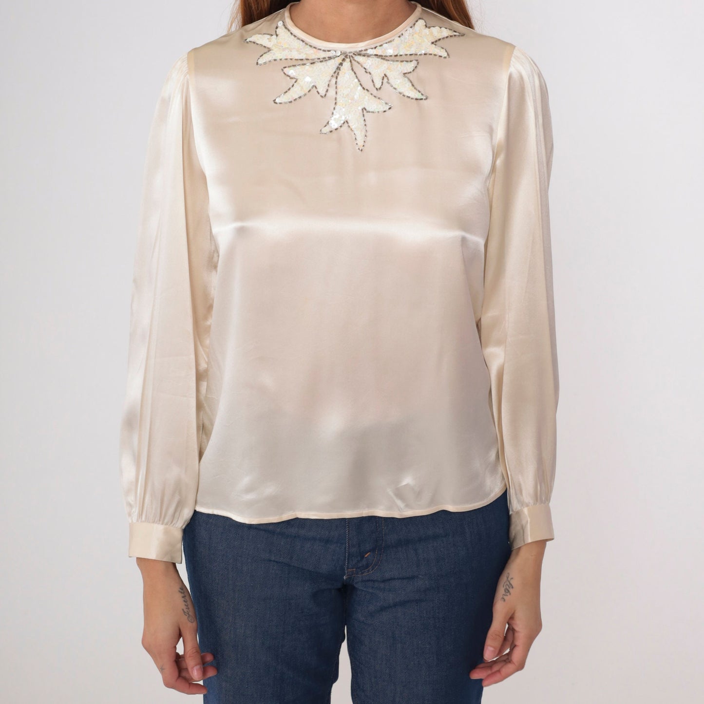 80s Lloyd Williams Silk Blouse Cream Sequin Leaf Beaded Puff Sleeve Medium