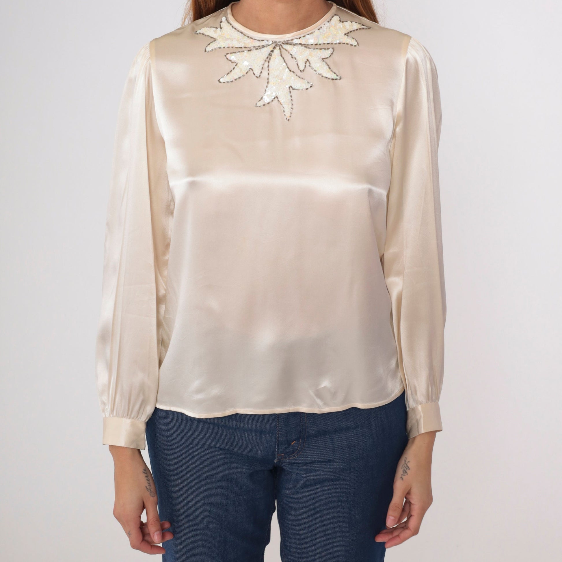 80s Lloyd Williams Silk Blouse Cream Sequin Leaf Beaded Puff Sleeve Medium