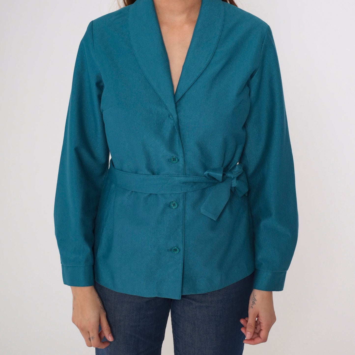70s Teal Blue Belted Shawl Collar Jacket Ribbed Button Up Medium