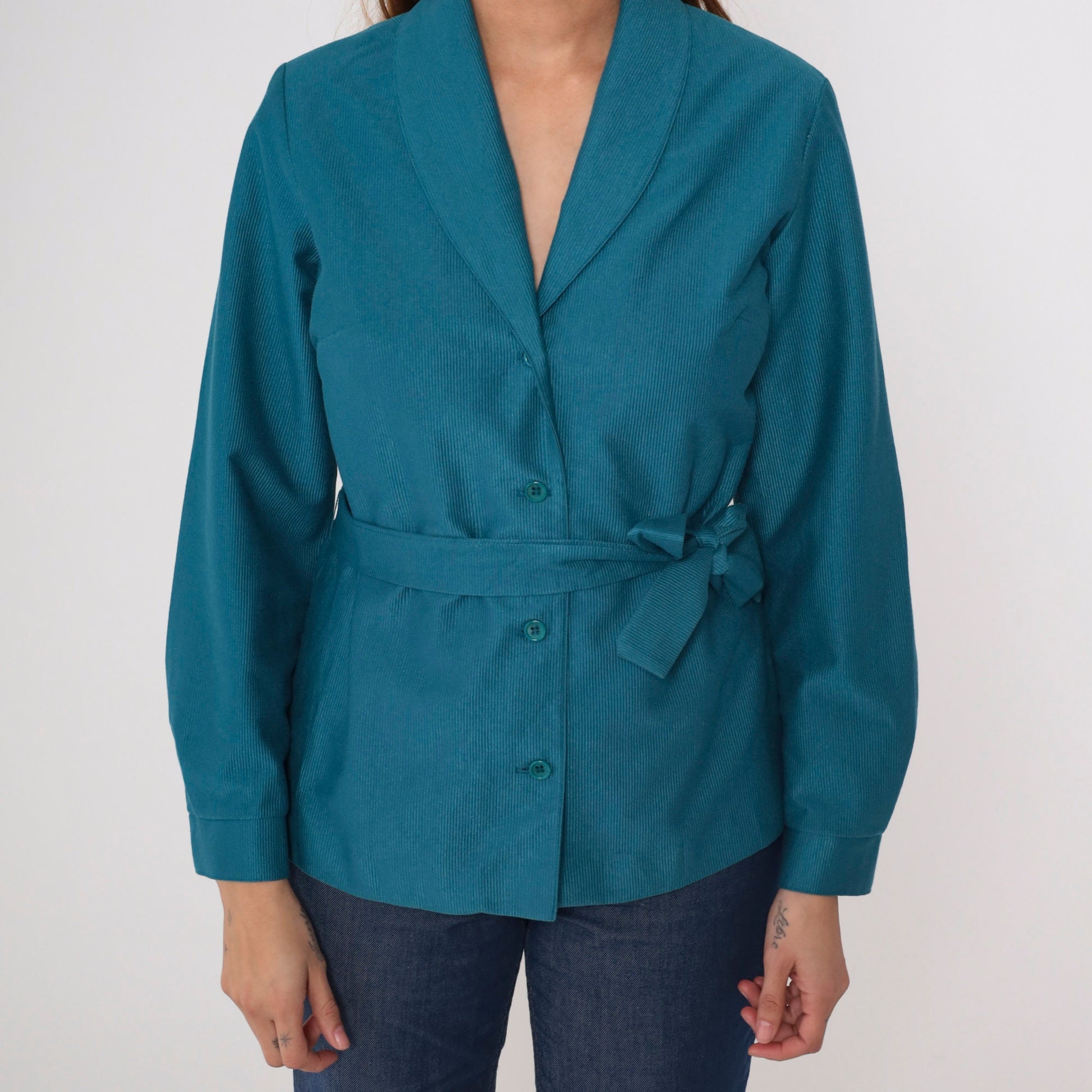 70s Teal Blue Belted Shawl Collar Jacket Ribbed Button Up Medium