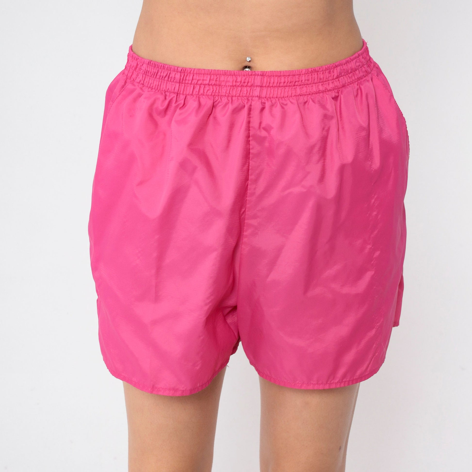 90s Hot Pink Nylon Gym Shorts High Waist Elastic Waist Small Medium