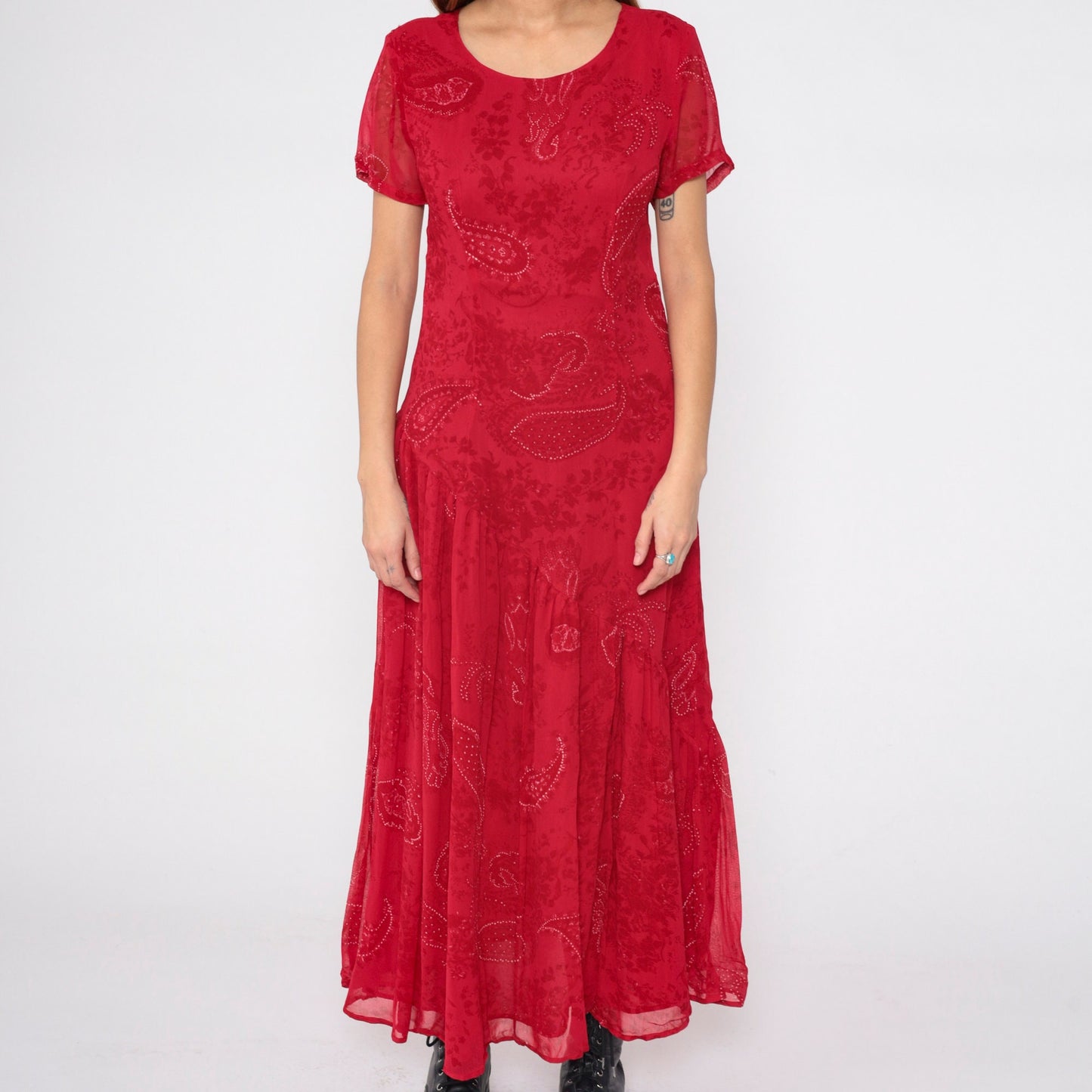 90s Red Paisley Maxi Dress Asymmetrical Drop Waist Short Sleeve Medium