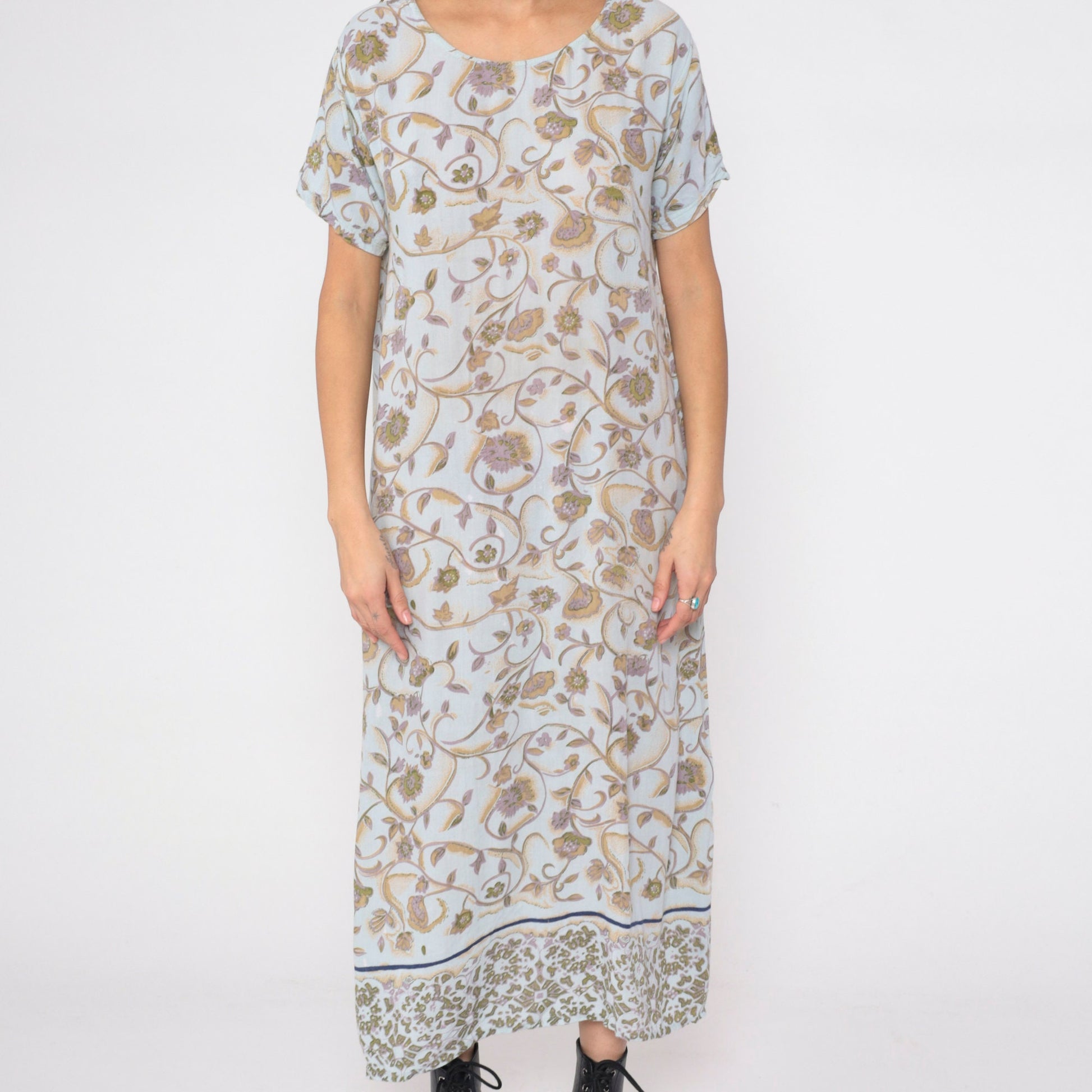 Y2K Indian Floral Midi Dress Light Blue Short Sleeve Small S