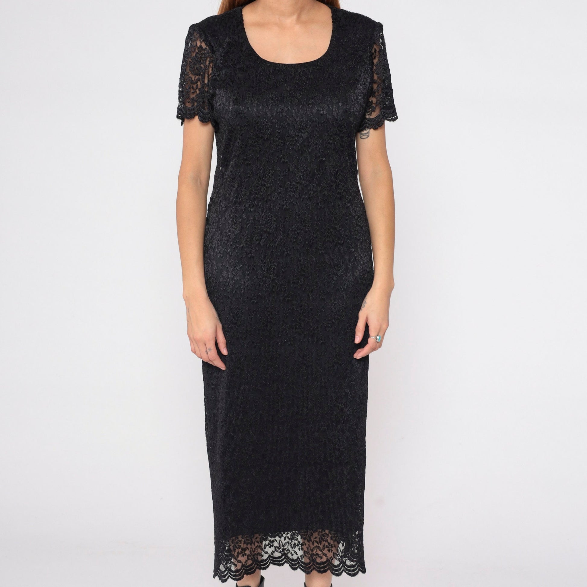 90s Helen Blake Black Lace Floral Midi Dress Scoop Neck Short Sleeve Medium