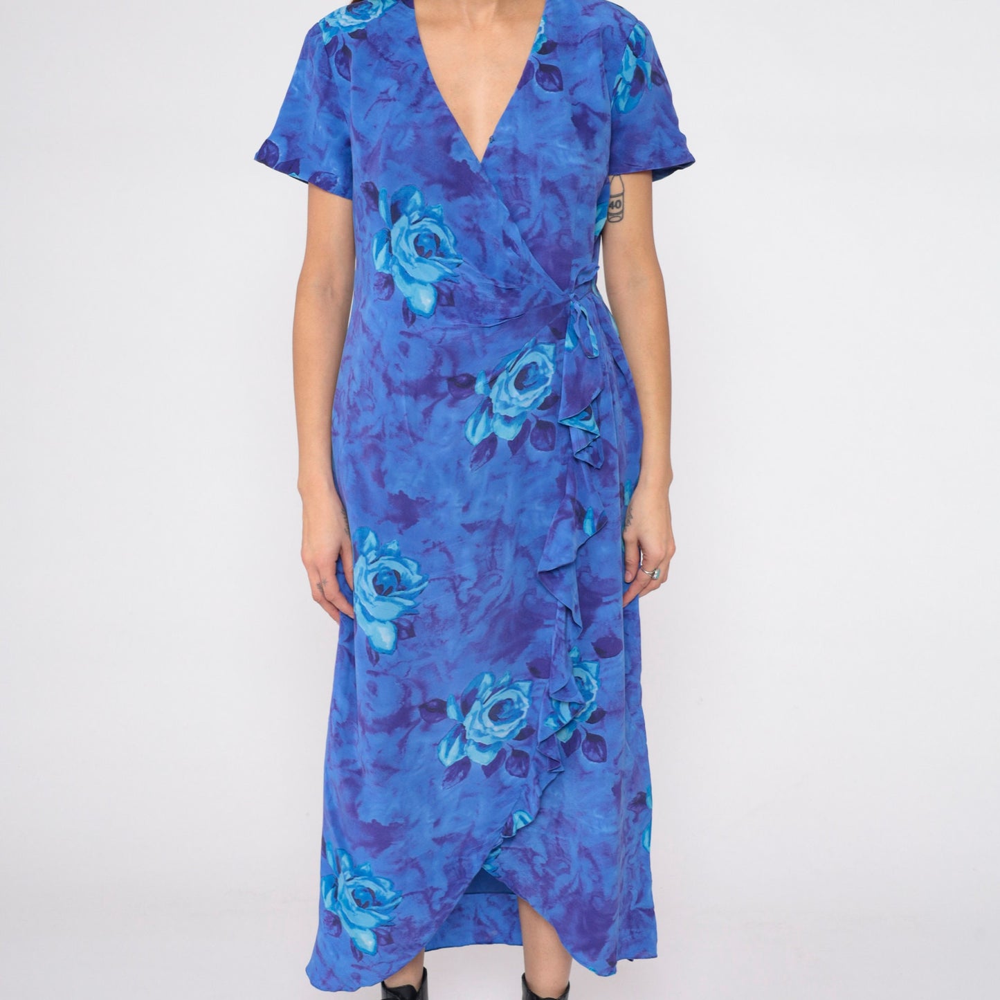 90s Y2K Blue Floral Silk Wrap Dress Waterfall Hem Rose Print Medium