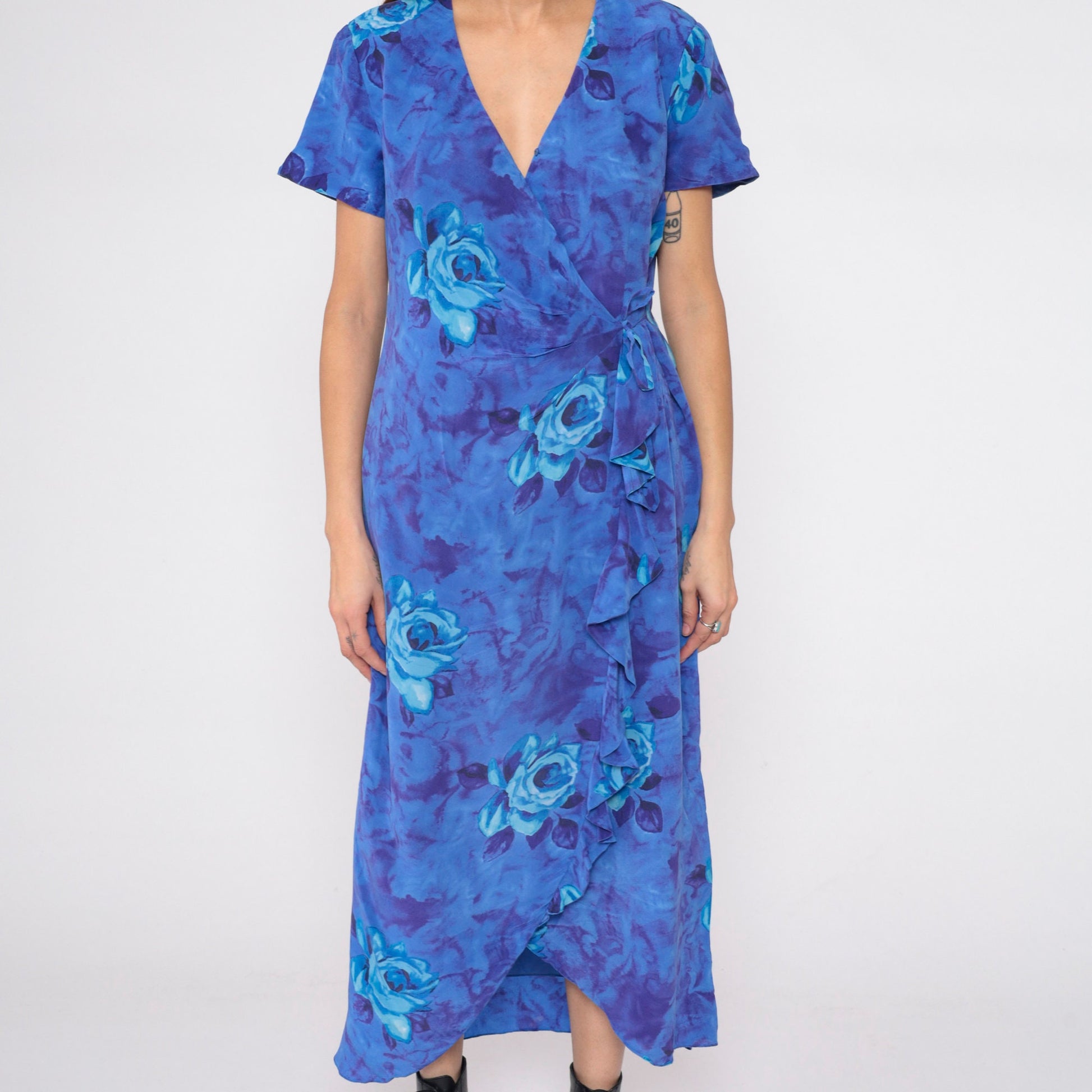 90s Y2K Blue Floral Silk Wrap Dress Waterfall Hem Rose Print Medium
