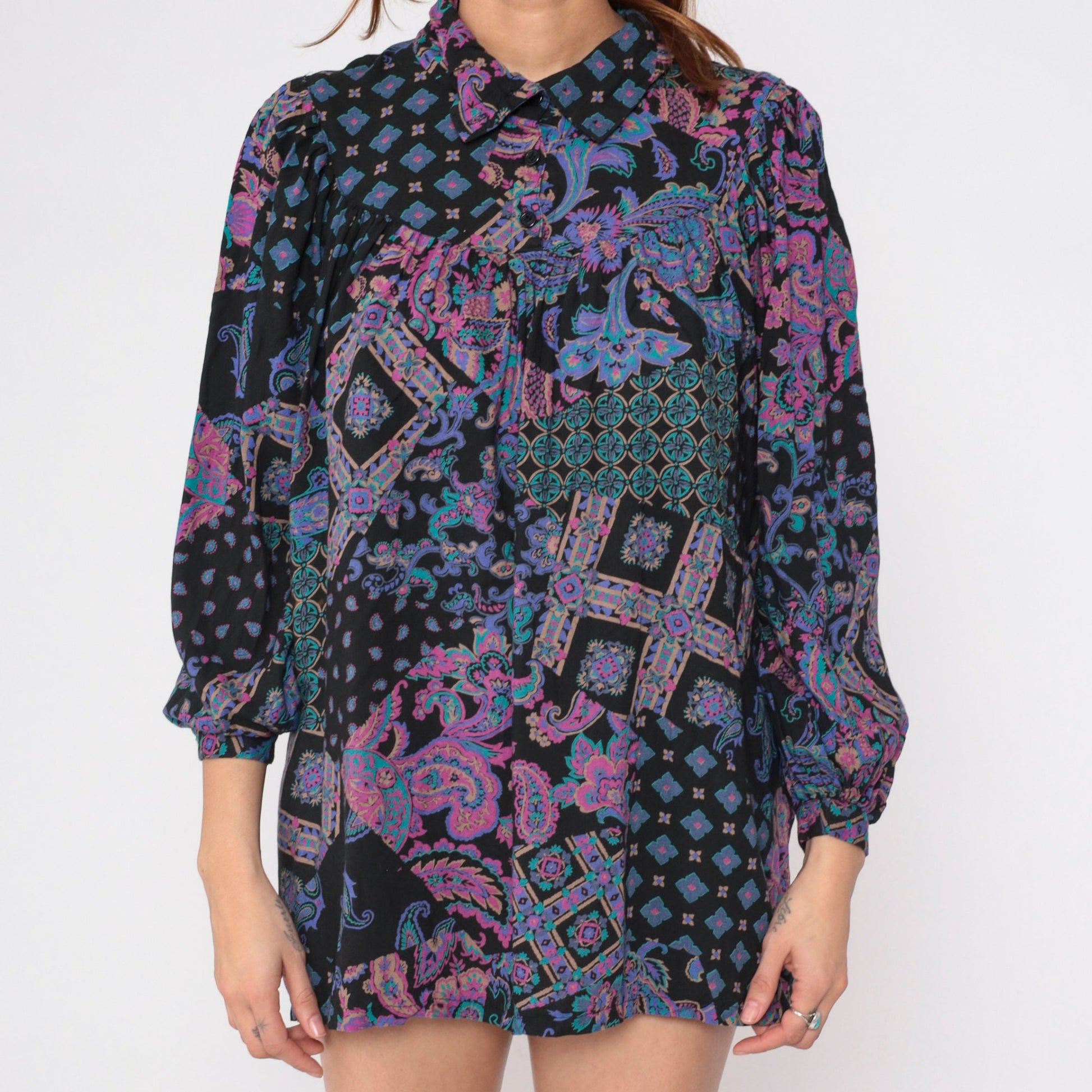 90s Black Abstract Floral Paisley Tunic Mini Dress Puff Sleeve Collared Medium Large