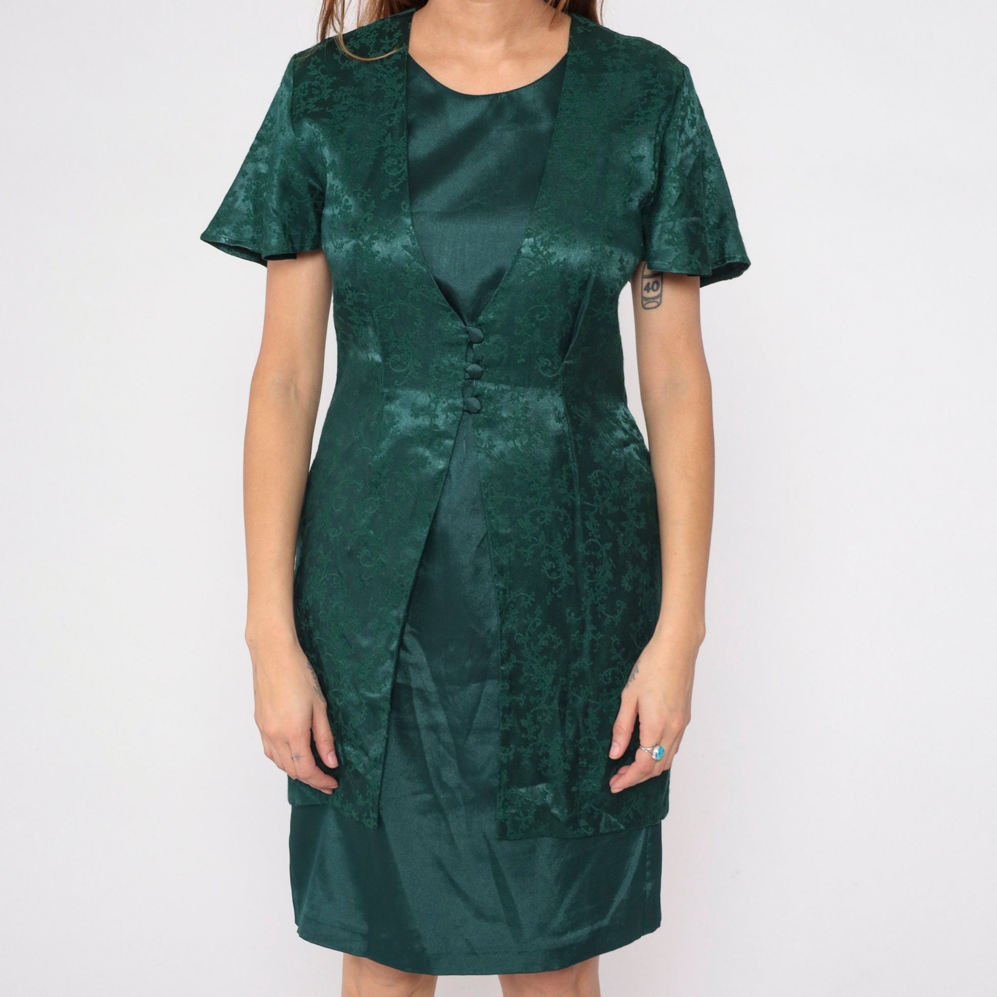 90s Olivia Rose Dark Green Floral Embossed Vest Dress Mini Pencil Medium