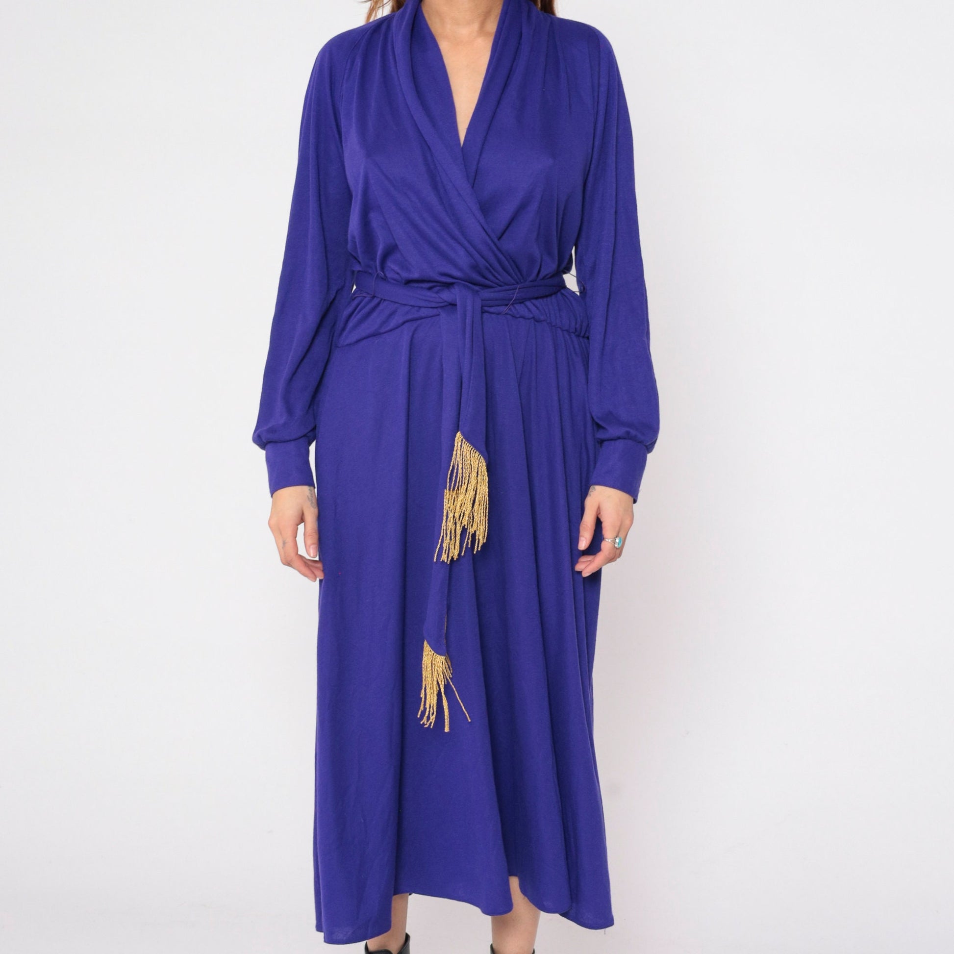 Y2K Purple Wrap Maxi Dress Gold Tassel Long Sleeve Draped Ankle Length Large L