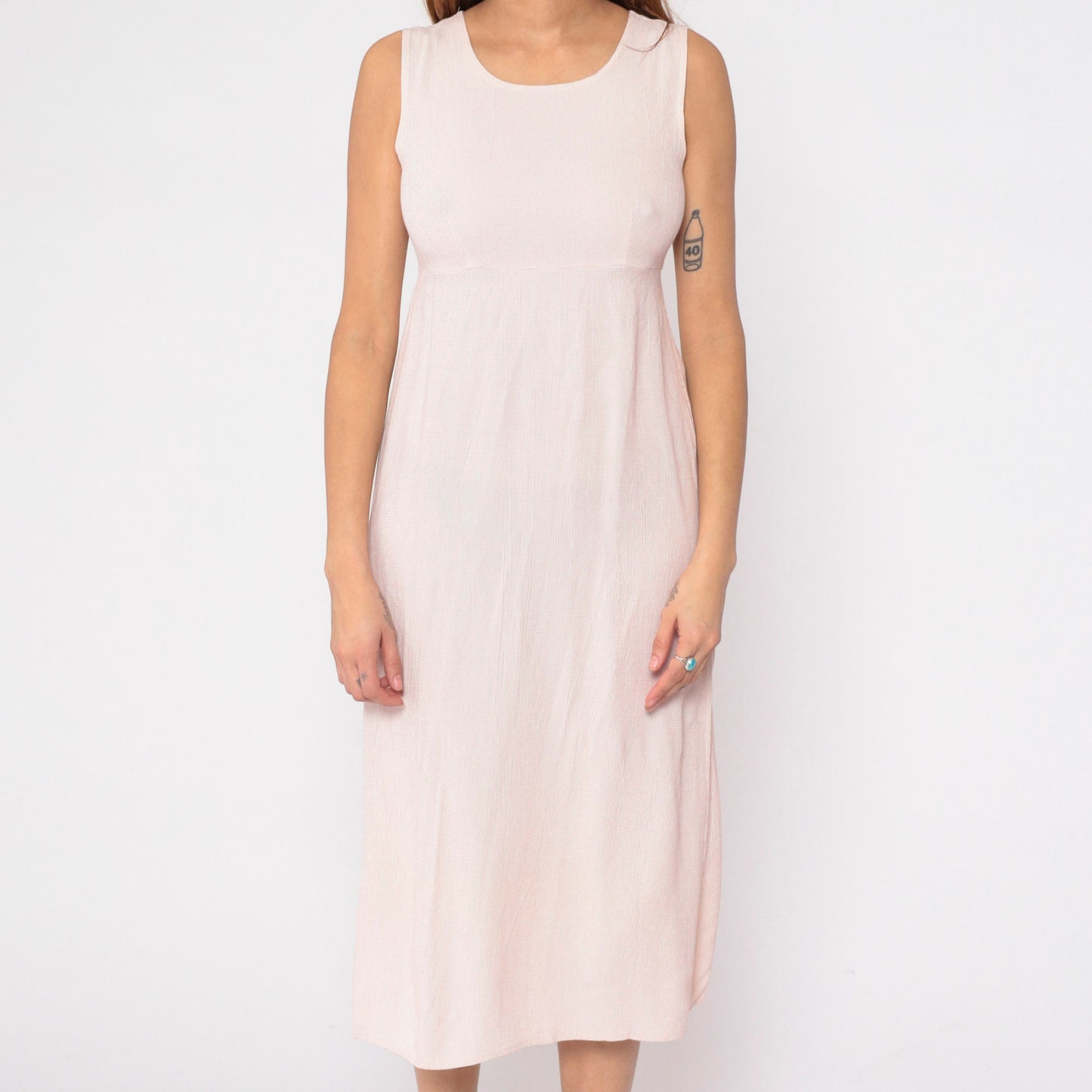 90s Cream Pink Checkered Midi Dress Empire Waist Sleeveless Small S