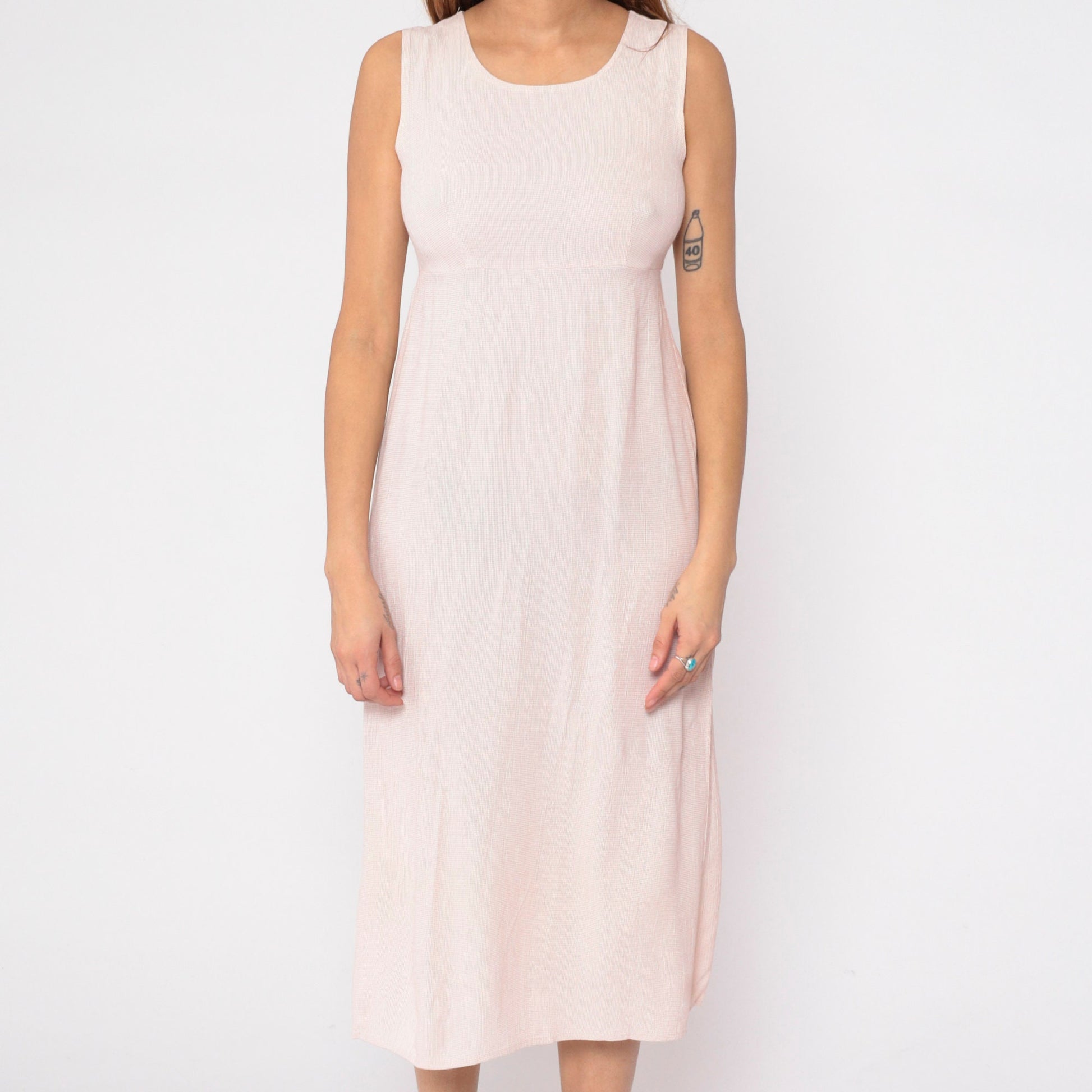 90s Cream Pink Checkered Midi Dress Empire Waist Sleeveless Small S